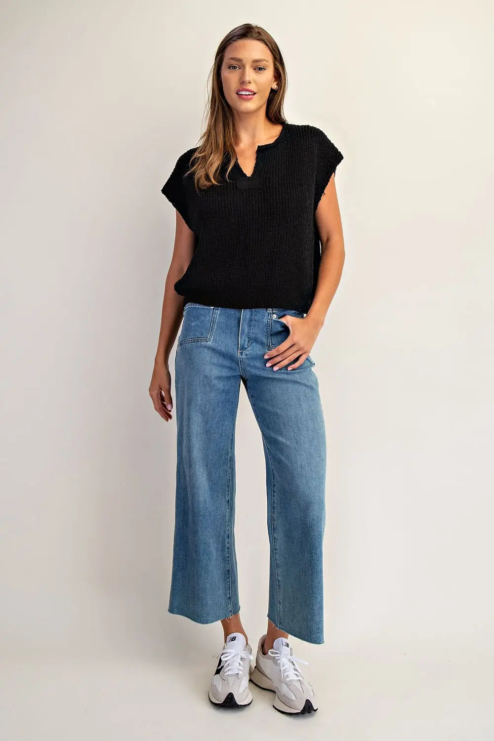 Dana Solid Cap Sleeve Notched Neck Knit Sweater-Black