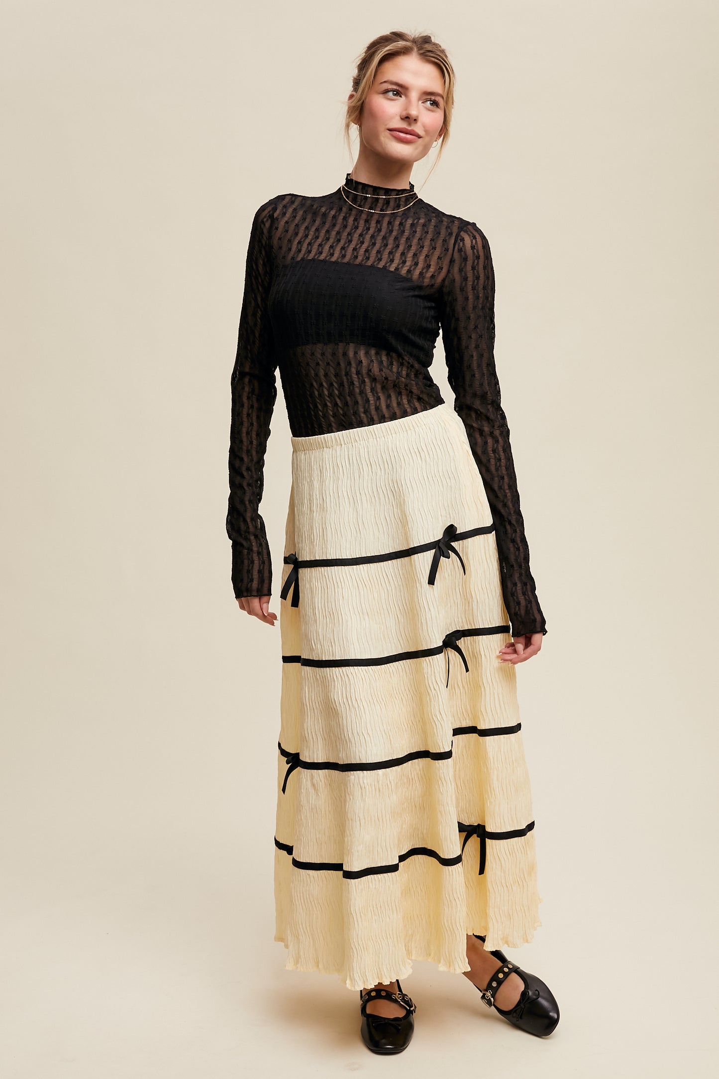 Ditzy Floral Mesh Mock Neck Top-Black