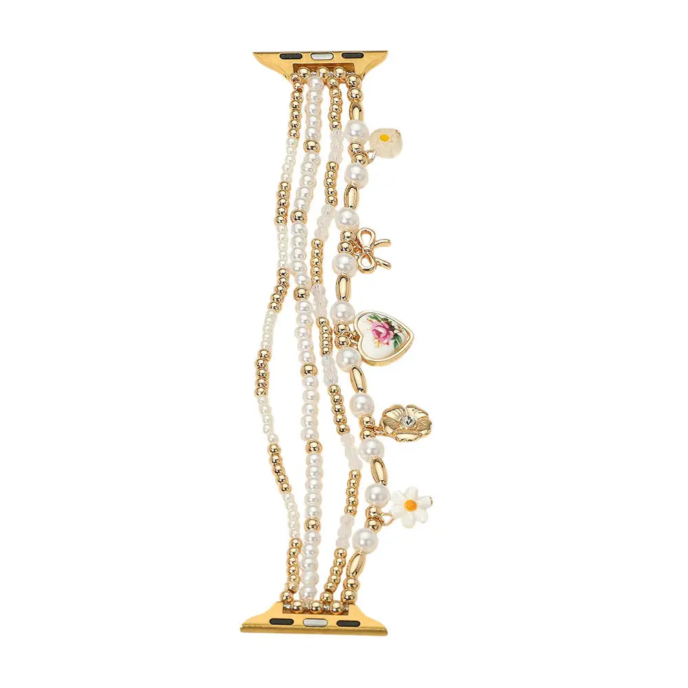 Flower Bow Floral Ceramic Heart Charm Pearl Beaded Multi Layered Apple Watch Band