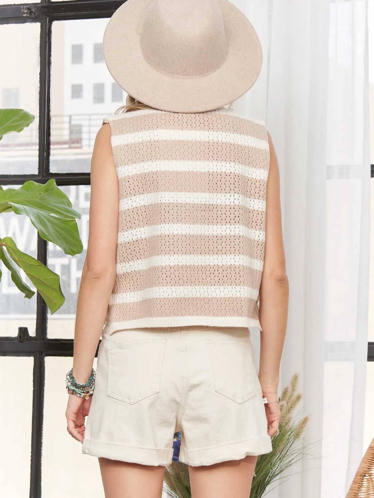 Kya Striped Sleeveless Crochet Sweater Tank-Oatmeal