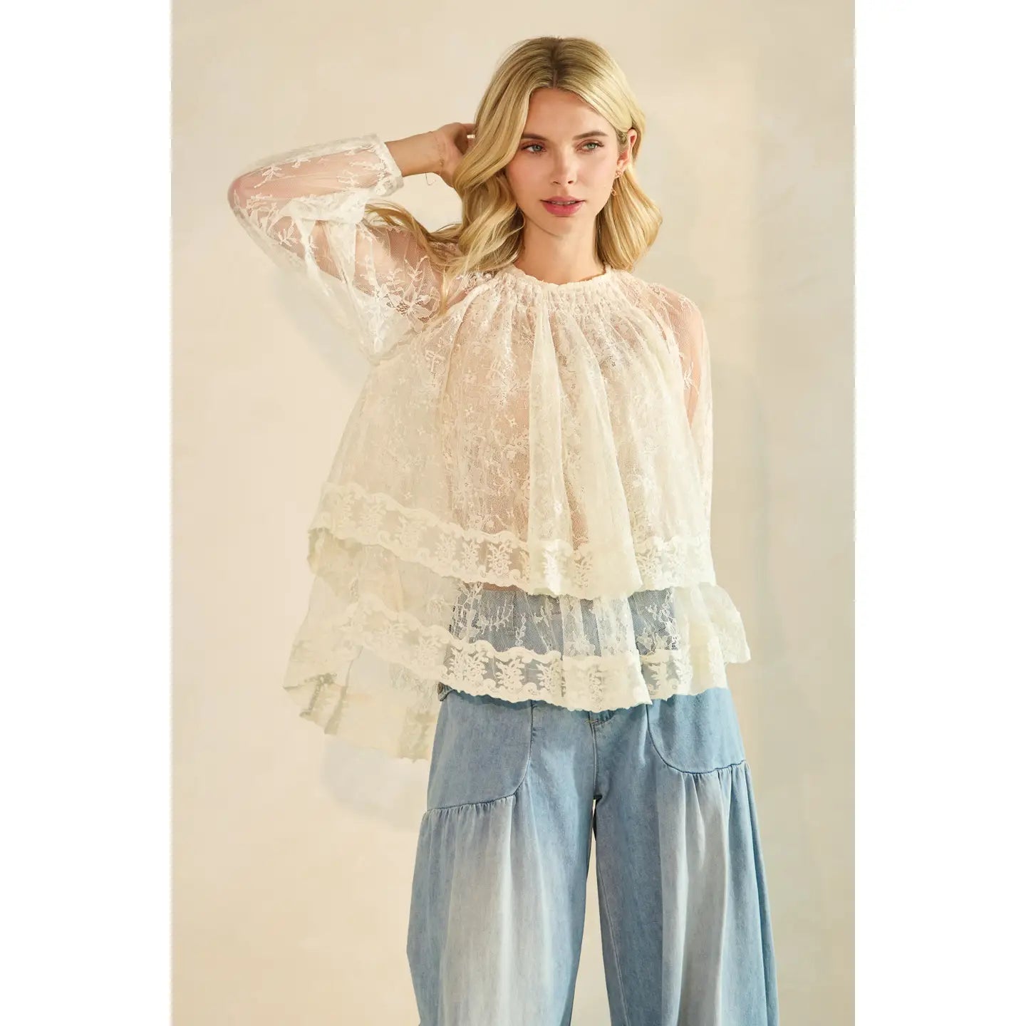 Blair Ruffled Lace Long Sleeve Top-Black