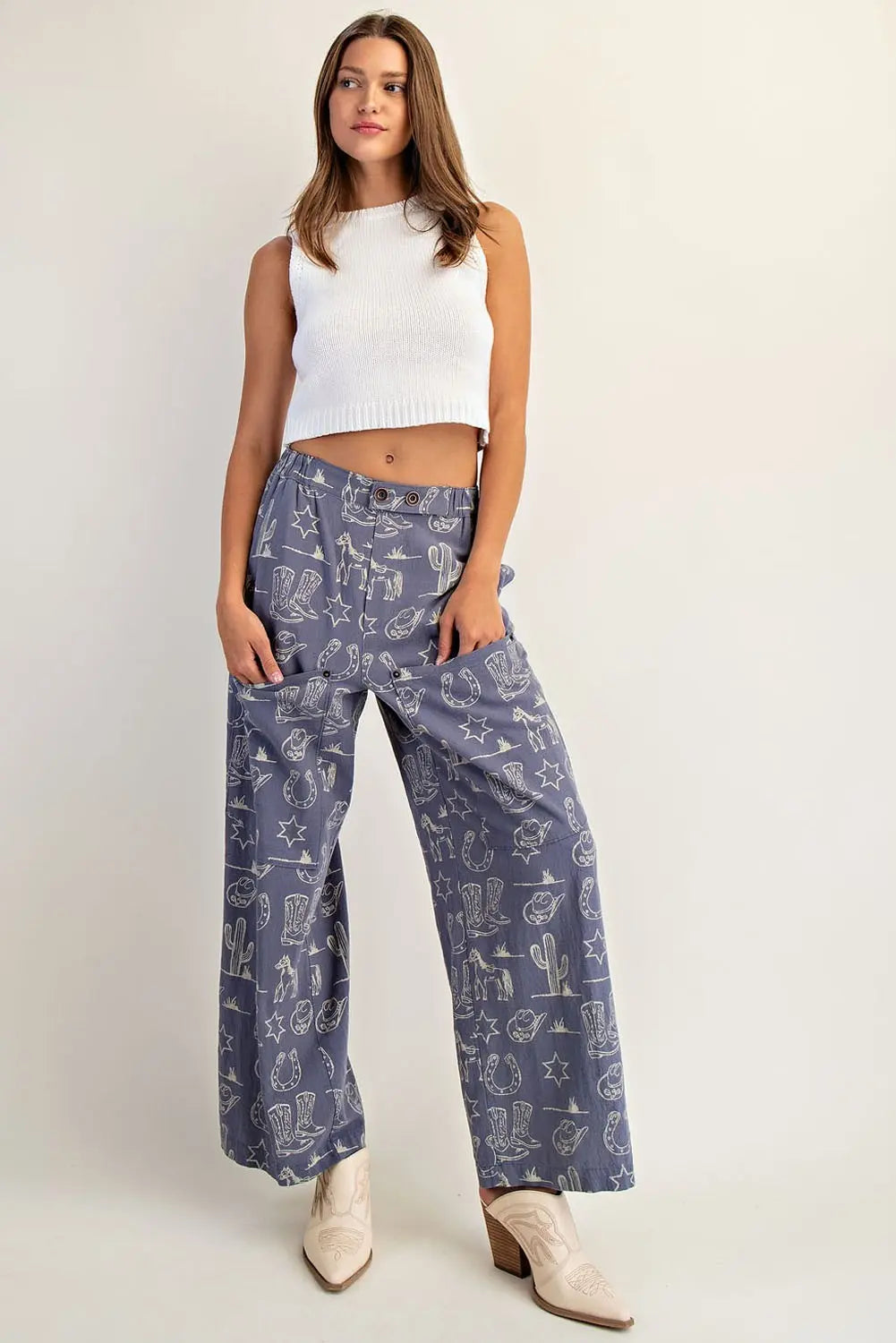Stone Wash Western Patch Pocket Pants-Indigo