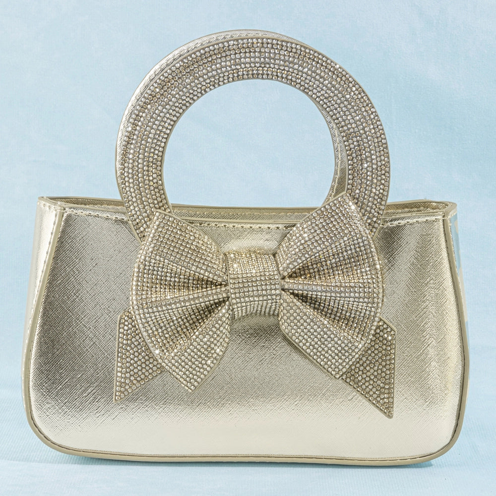 Rhinestone Bow Ring Handle Mini Evening Bag-Gold