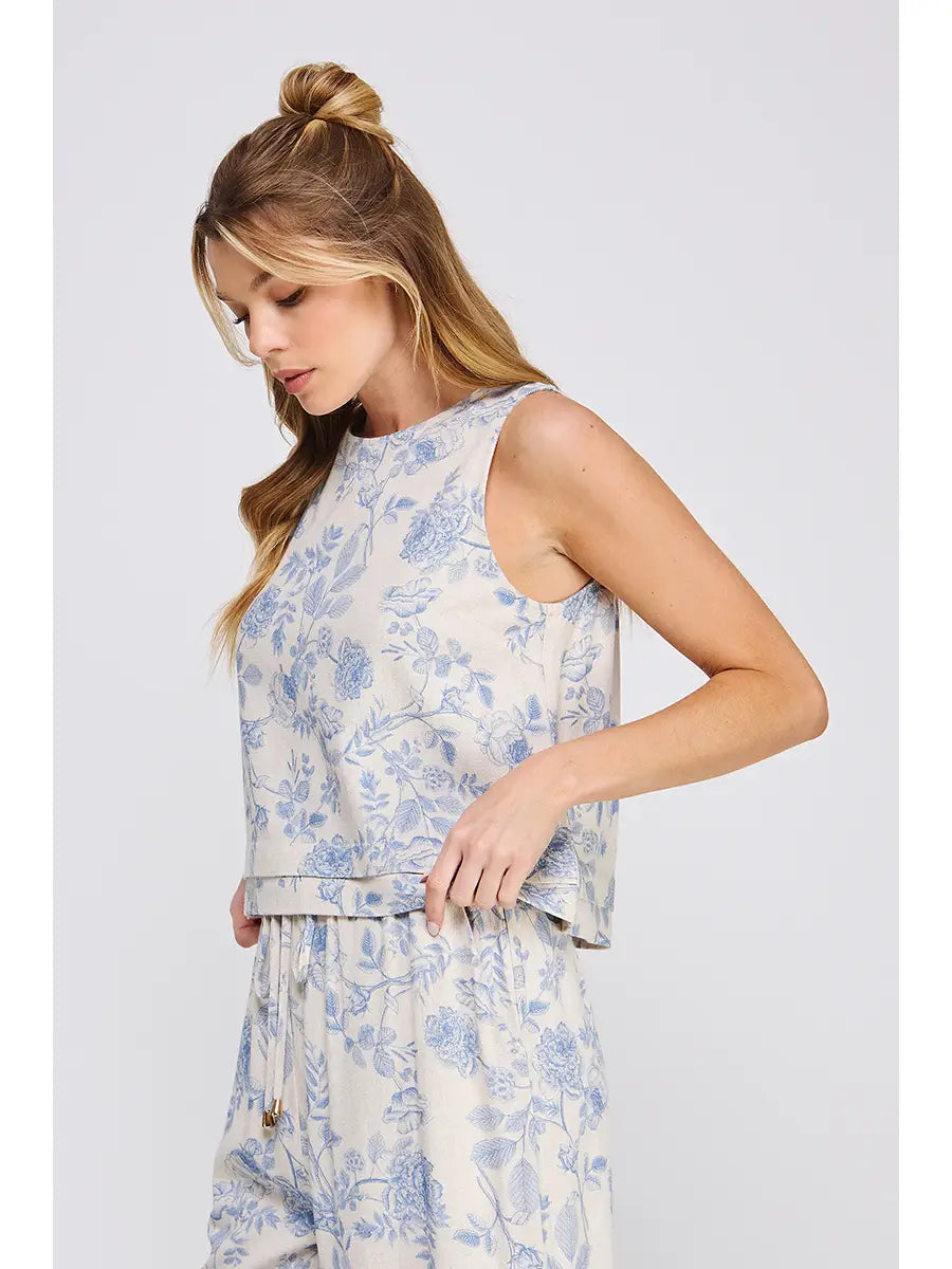 Allie Printed Soft Linen Tank with Layered Hem Detail