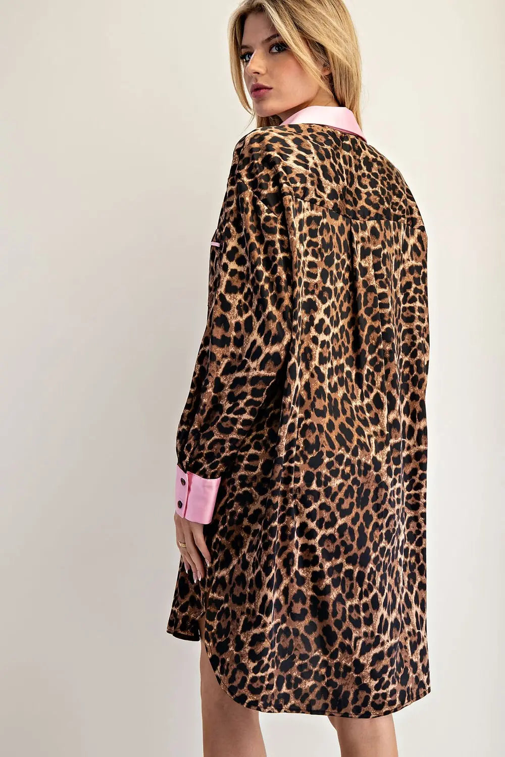 Leopard Pink Contrast Mini Shirt Dress