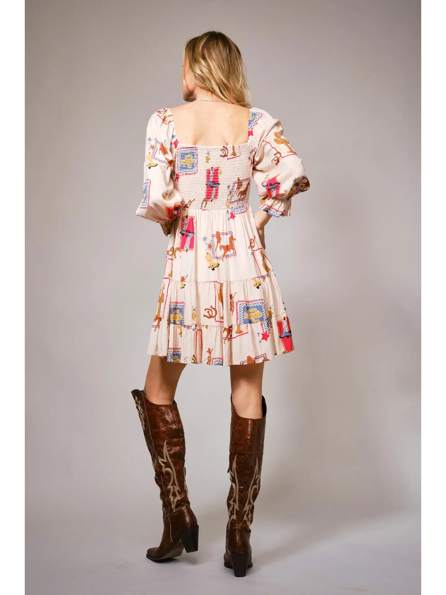 Sanded Rayon Western Motif Smocked Minidress