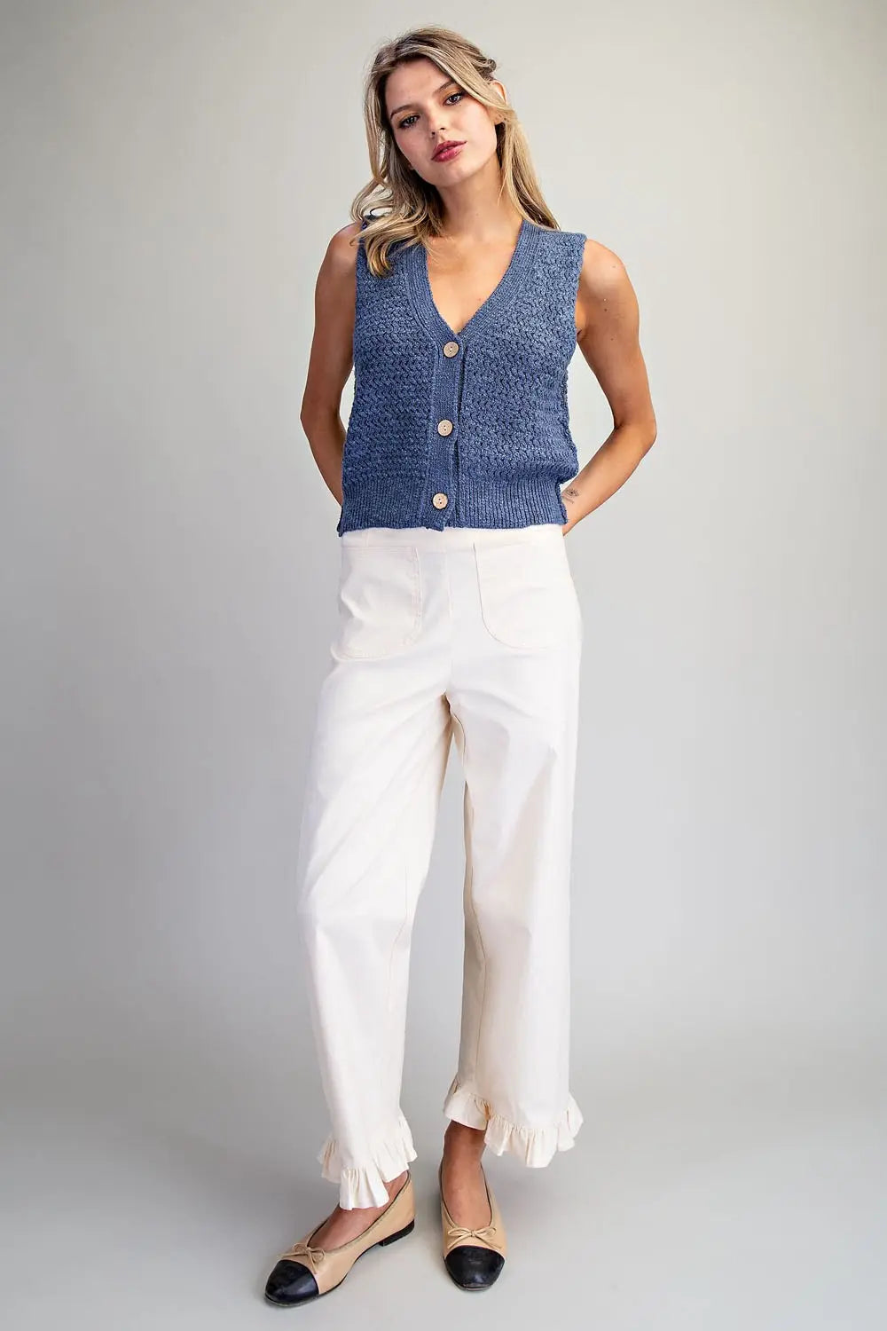 Camille Button Down V-Neck Sweater Vest-Indigo