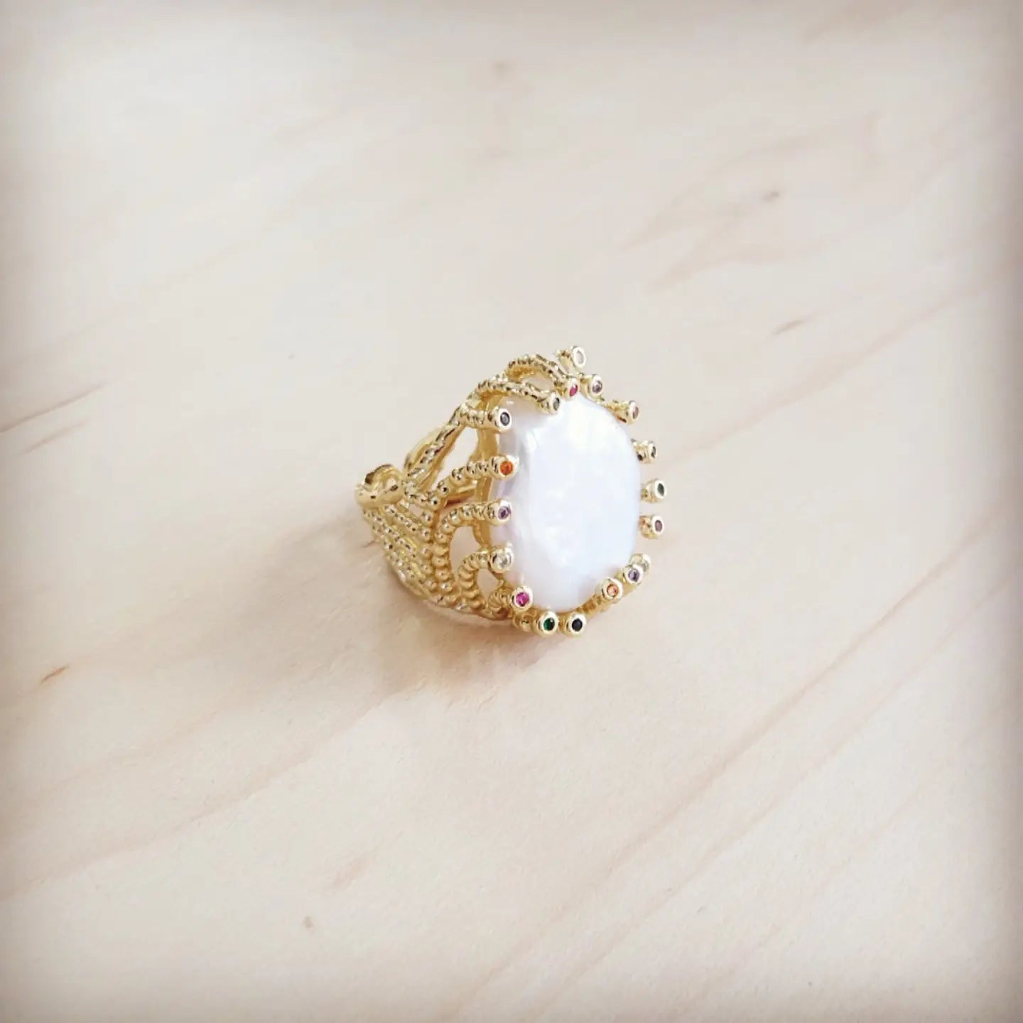 Multicolor Gemstone Baroque Pearl Ring