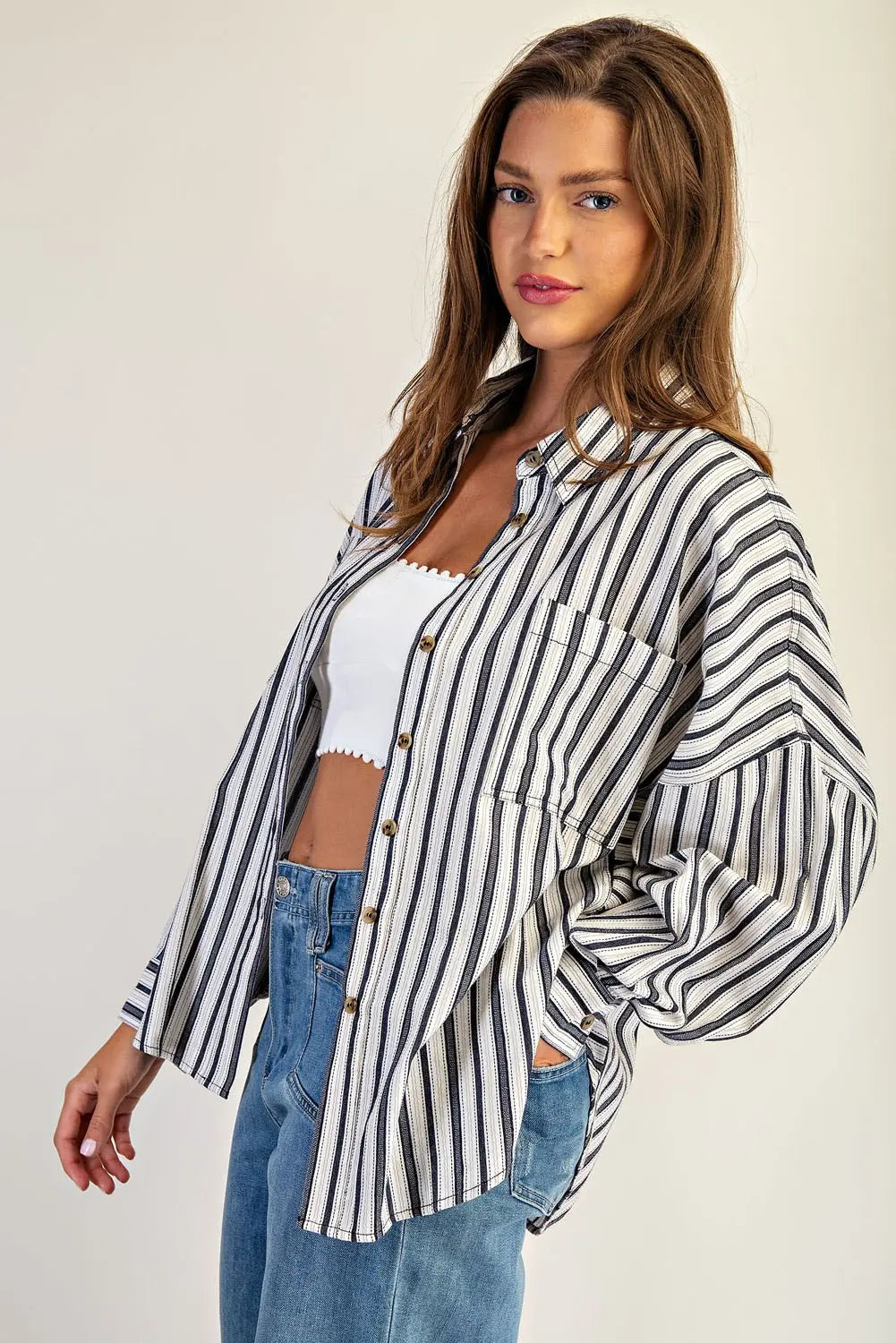 Dobby Striped Long Sleeve Button Down Top-Tiramisu