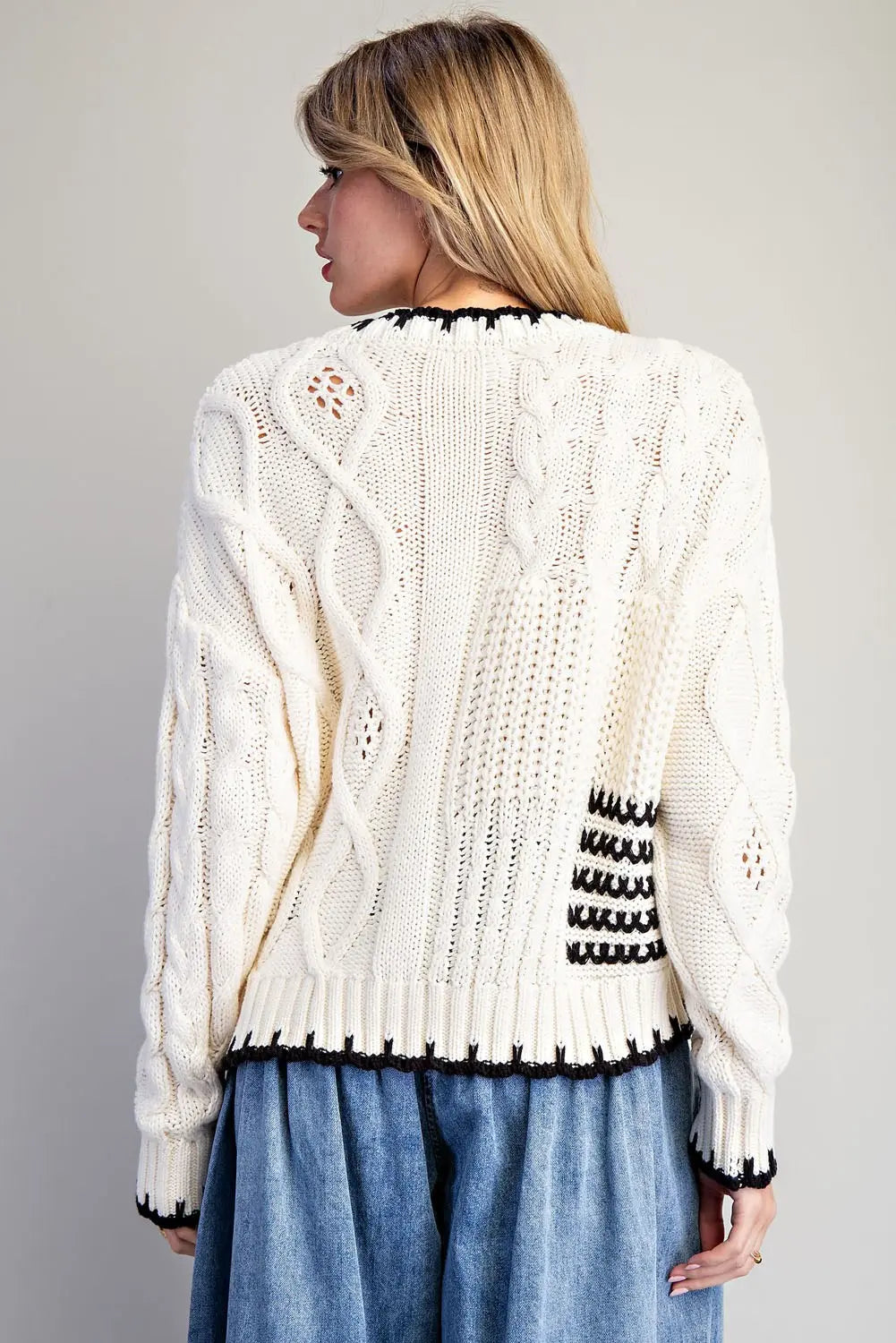 Kyra Patchwork Mix Knit Long Sleeve Sweater-Vanilla