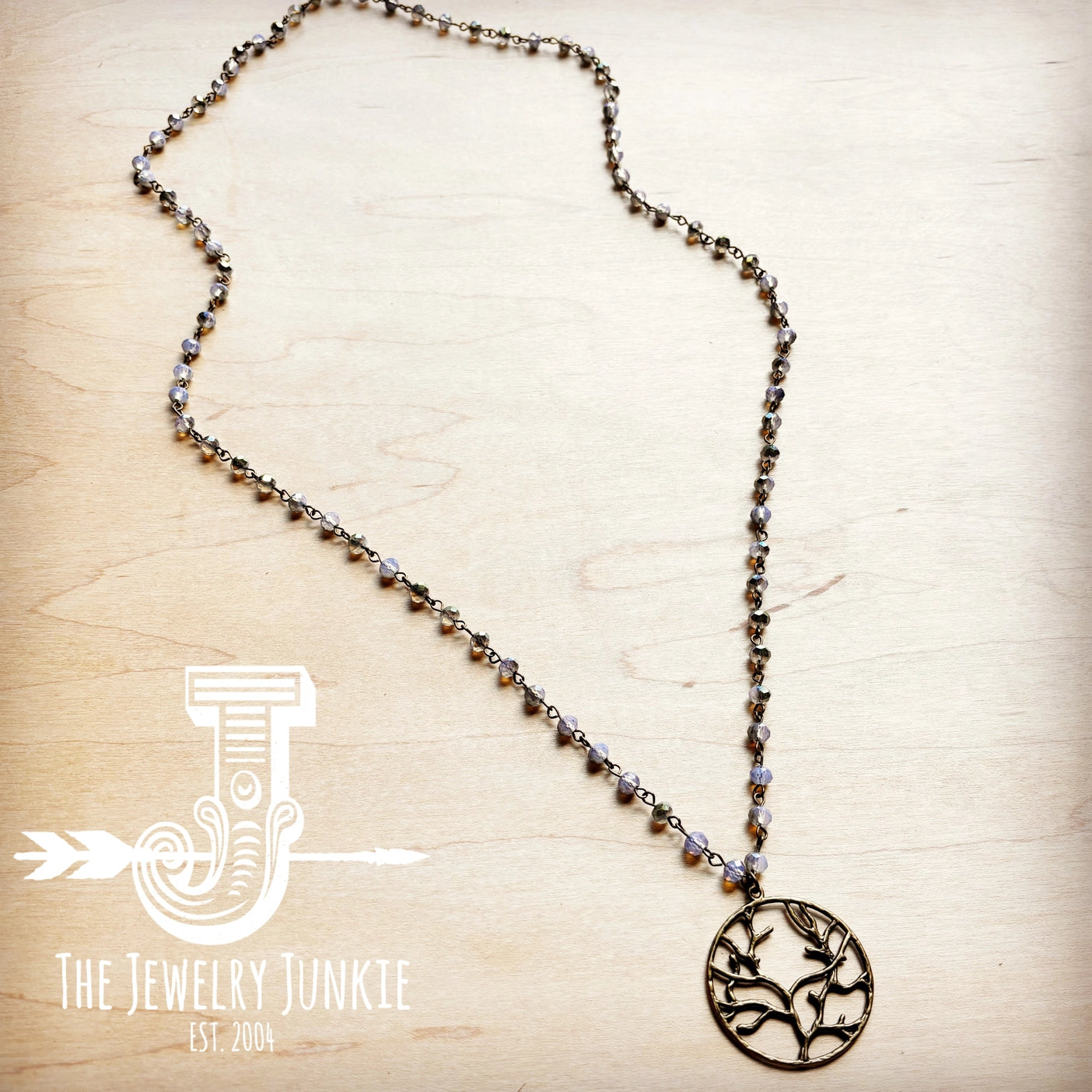 Periwinkle Faceted Beaded Pendant Necklace with Tree of Life