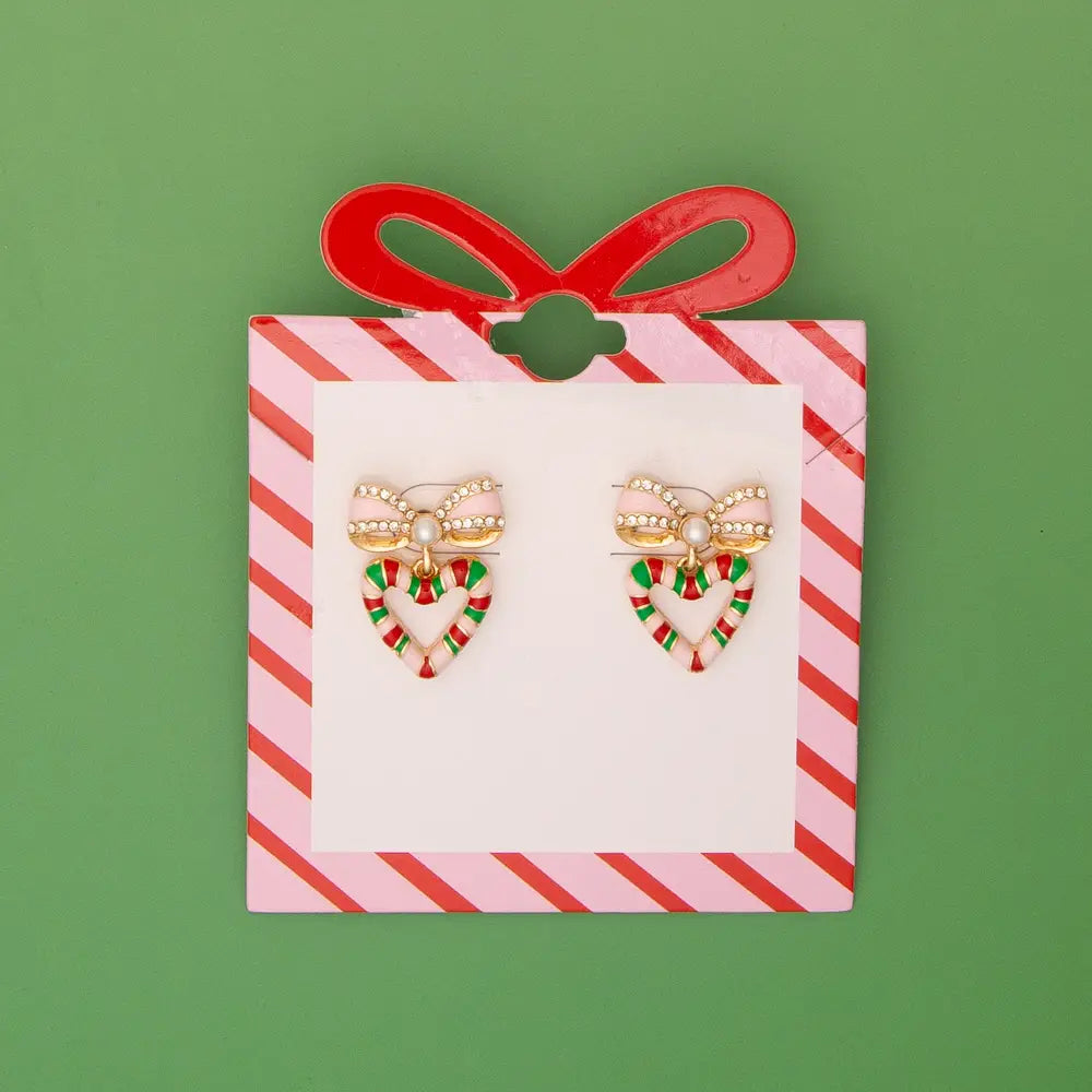 Christmas Striped Candy Enamel Bowed Heart Post Earrings-Multi-Colored