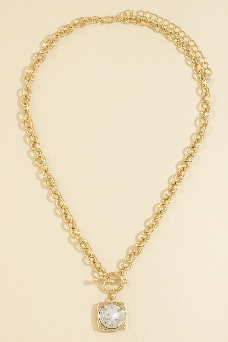 Chunky Chain Crystal Pendant Toggle Necklace-Crystal