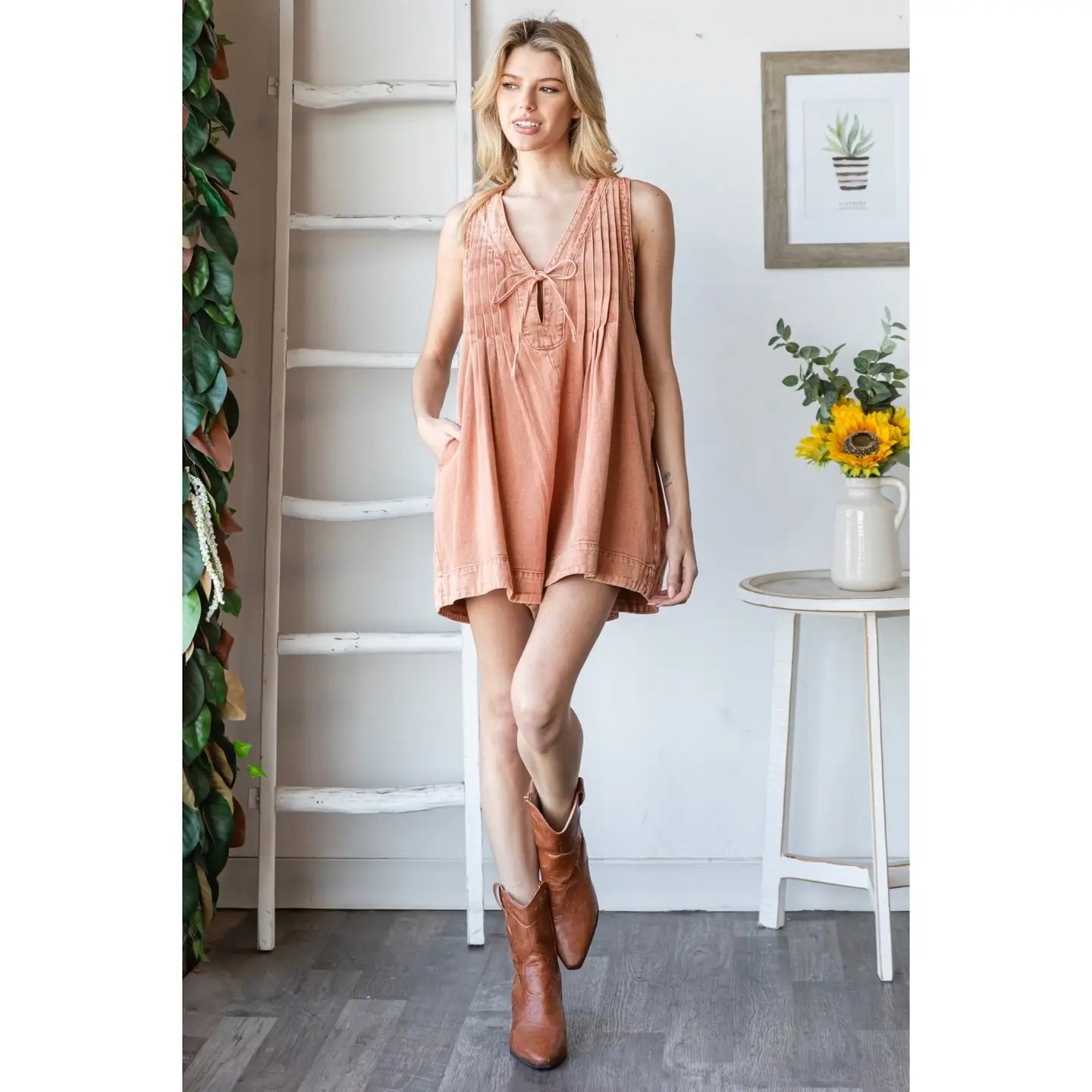 Front Pleated V Neck Sleeveless Denim Romper-Vintage Brick