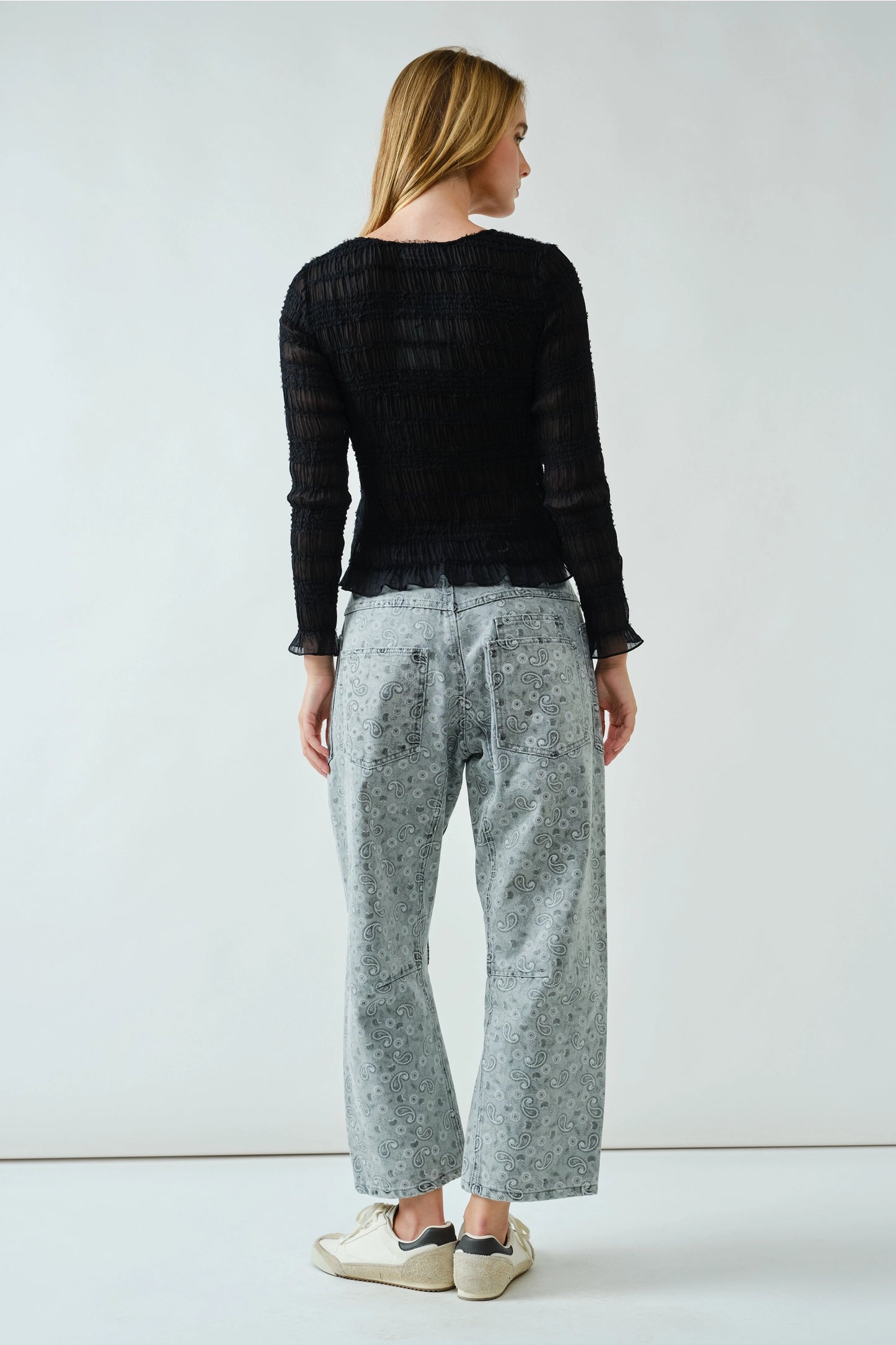 Lace Detail Sheer Smocking Top-Black