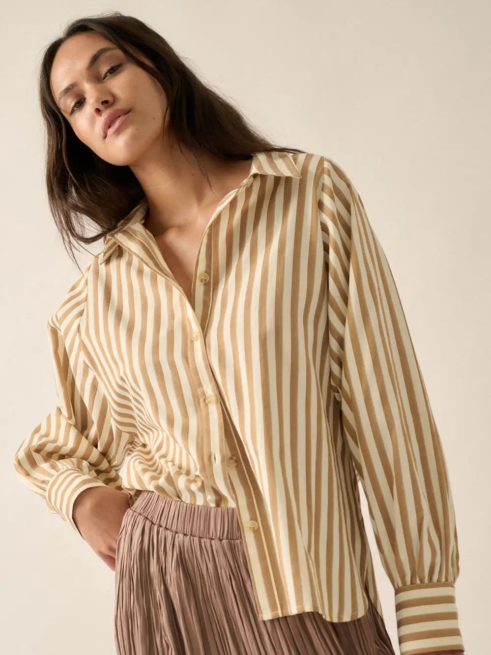 Striped Woven Dolman-Sleeve Button-Up Shirt-Taupe