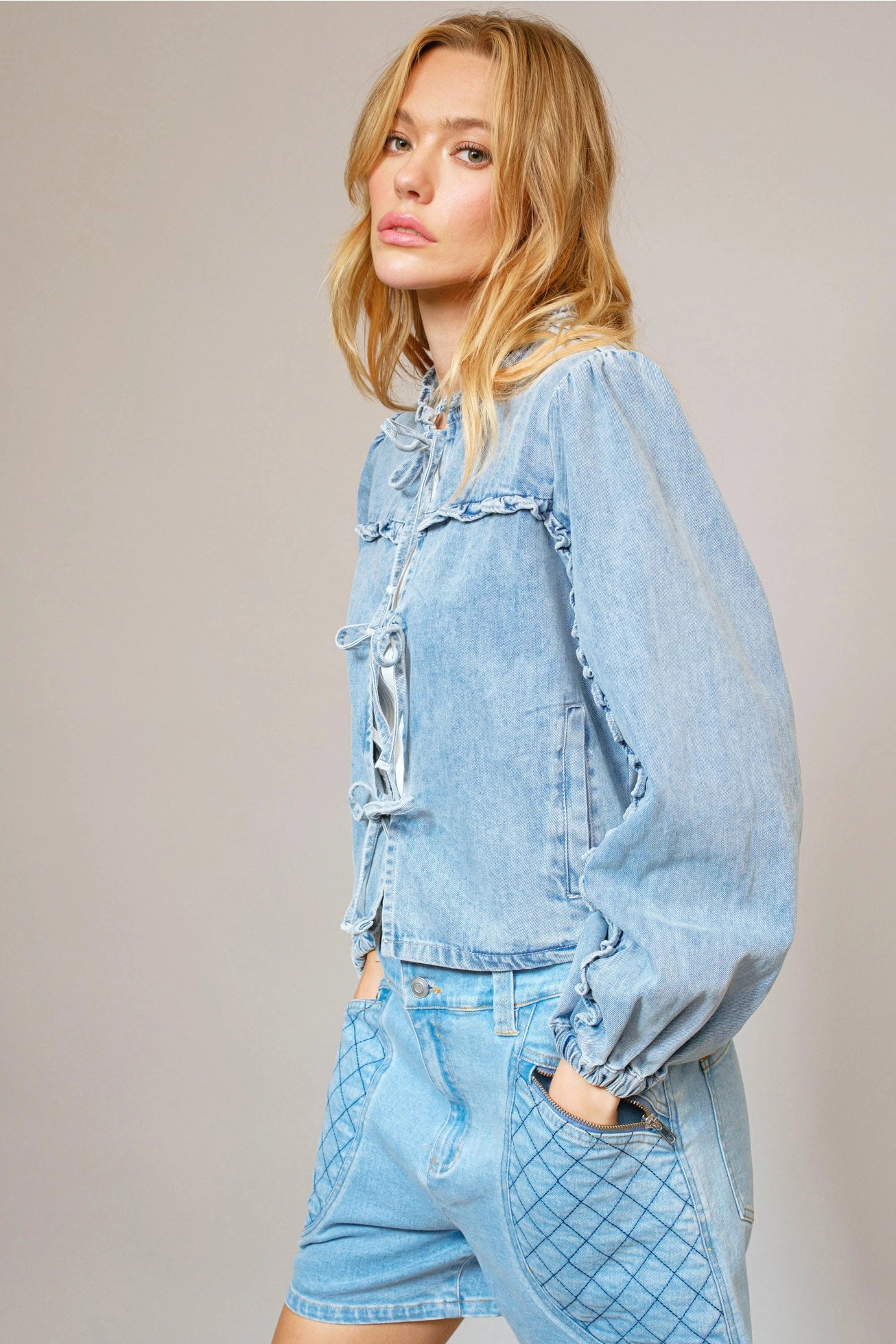 Ruffle Yoke Sleeve Tie Front Denim Jacket