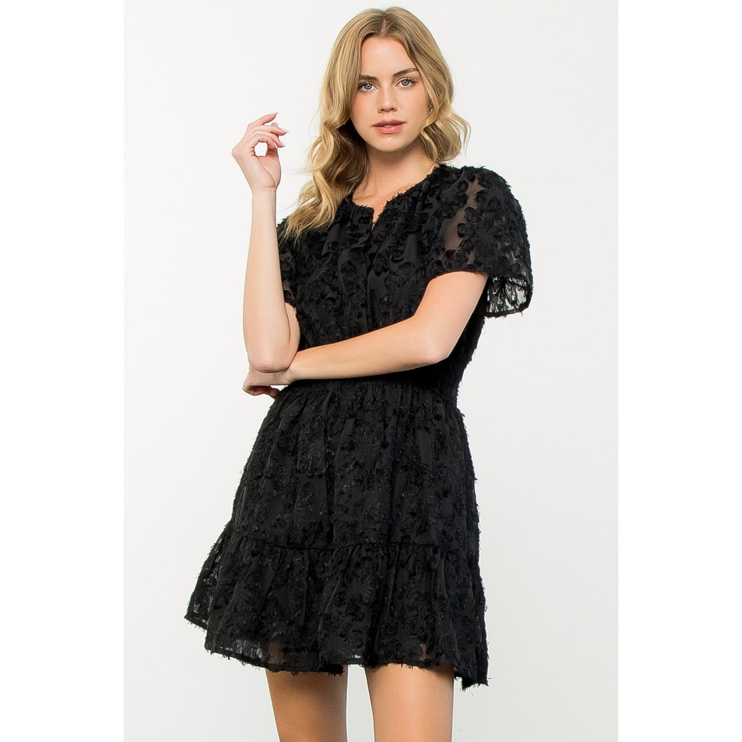 Fringe Detail Flutter Dress-Black
