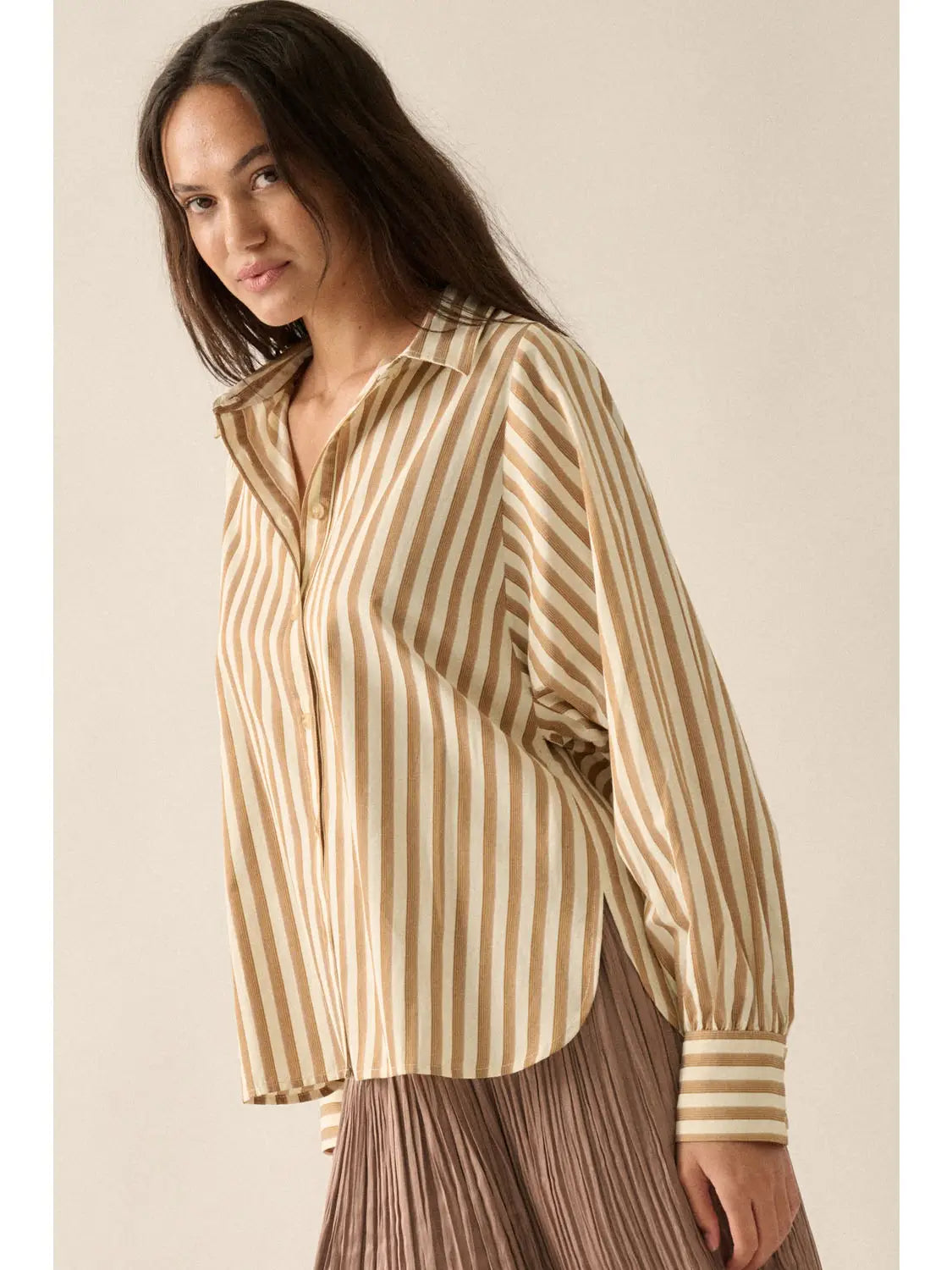 Striped Woven Dolman-Sleeve Button-Up Shirt-Taupe