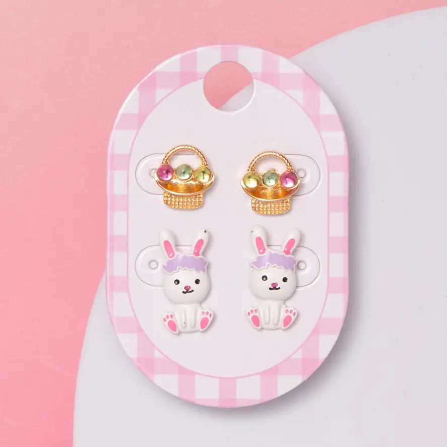Enamel Easter Basket & Bunny Figure Stud Earring Set