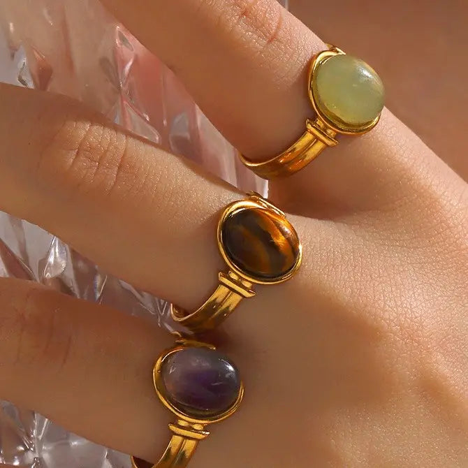 8K Stainless Steel Tarnish Free Stone Ring -Tiger Eye