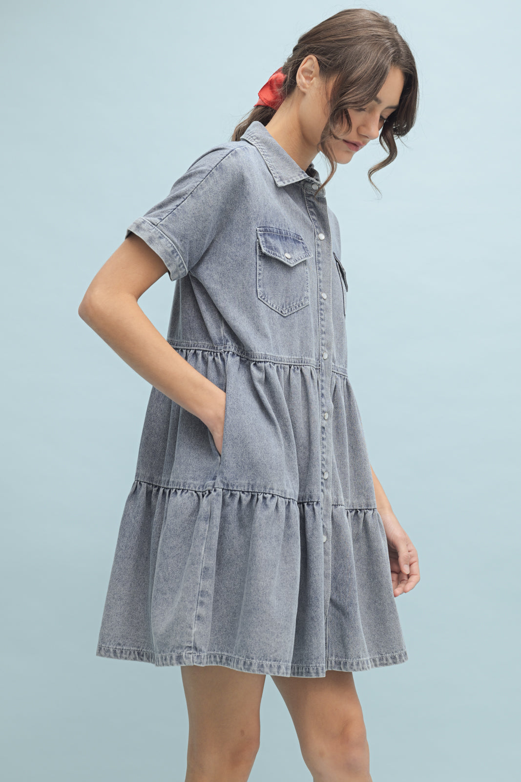 Molly DENIM TIERED BUTTON-UP MINI DRESS