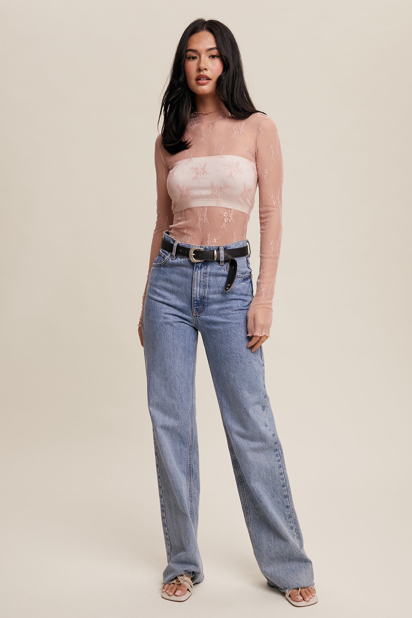 Aria Sheer Lace Long-Sleeve Top-Blush