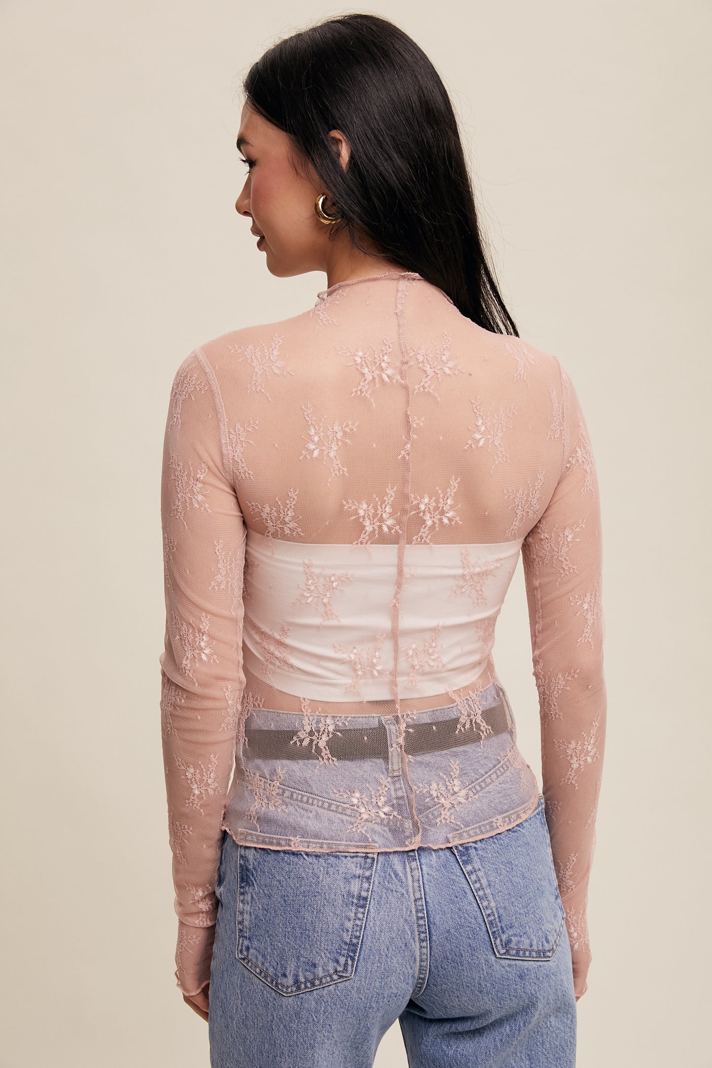 Aria Sheer Lace Long-Sleeve Top-Blush