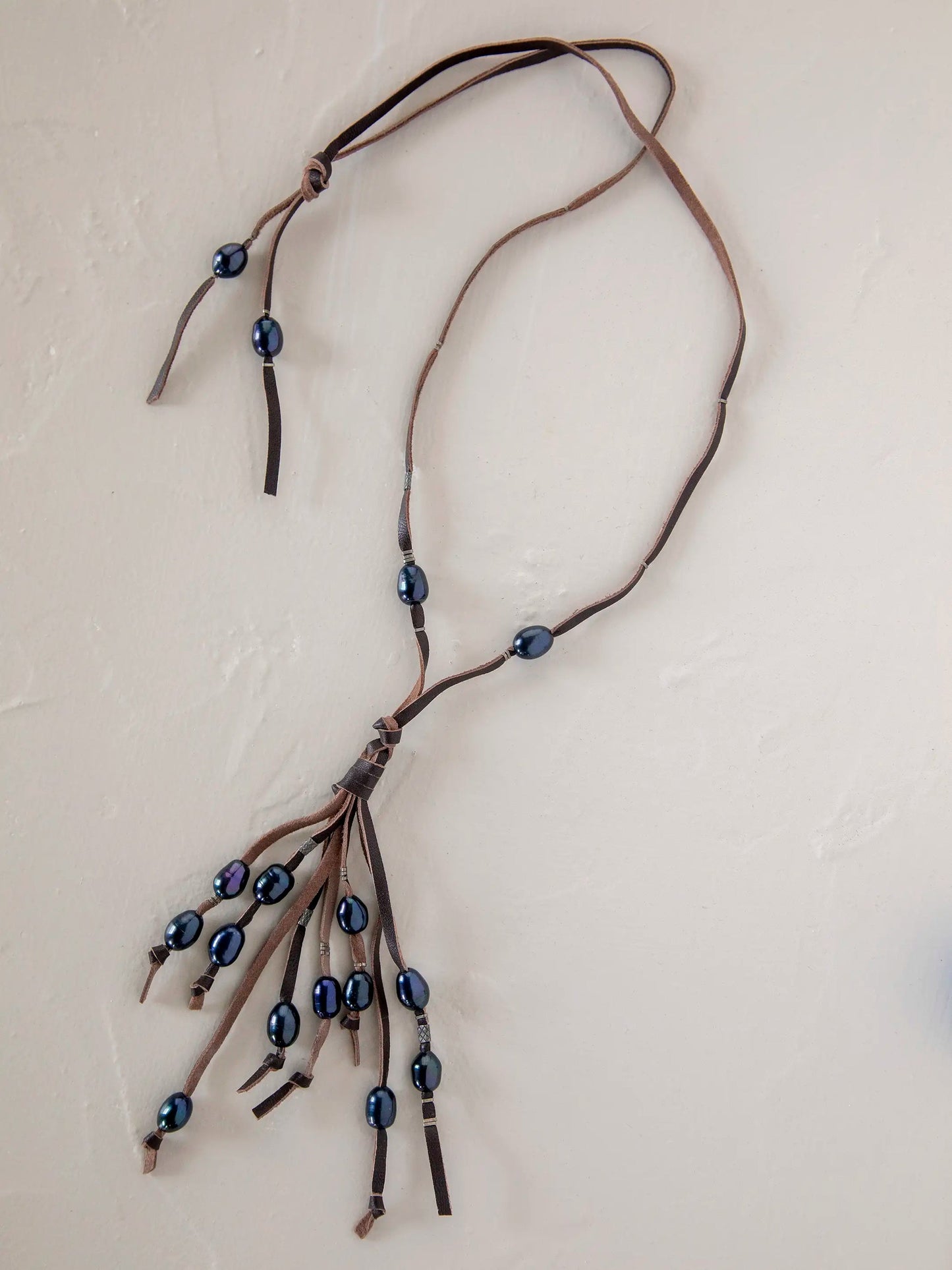 Real Pearl & Leather Tassel Necklace - Black