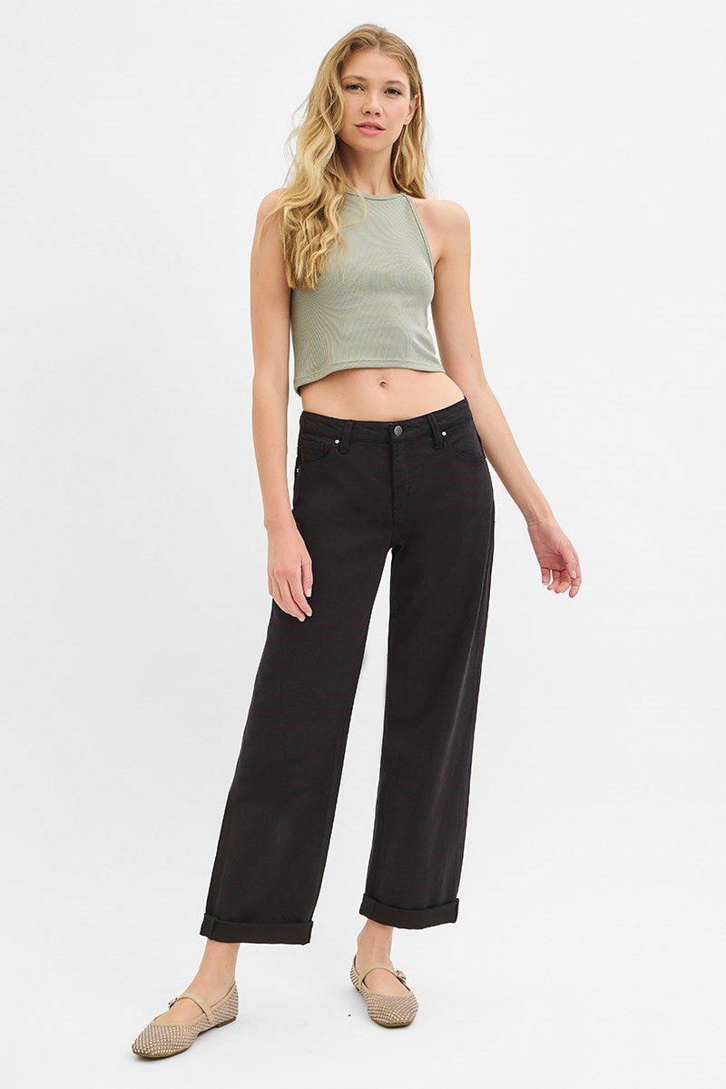 Glenna MID RISE ANKLE BARREL RELAXED BAGGY PANTS-Black