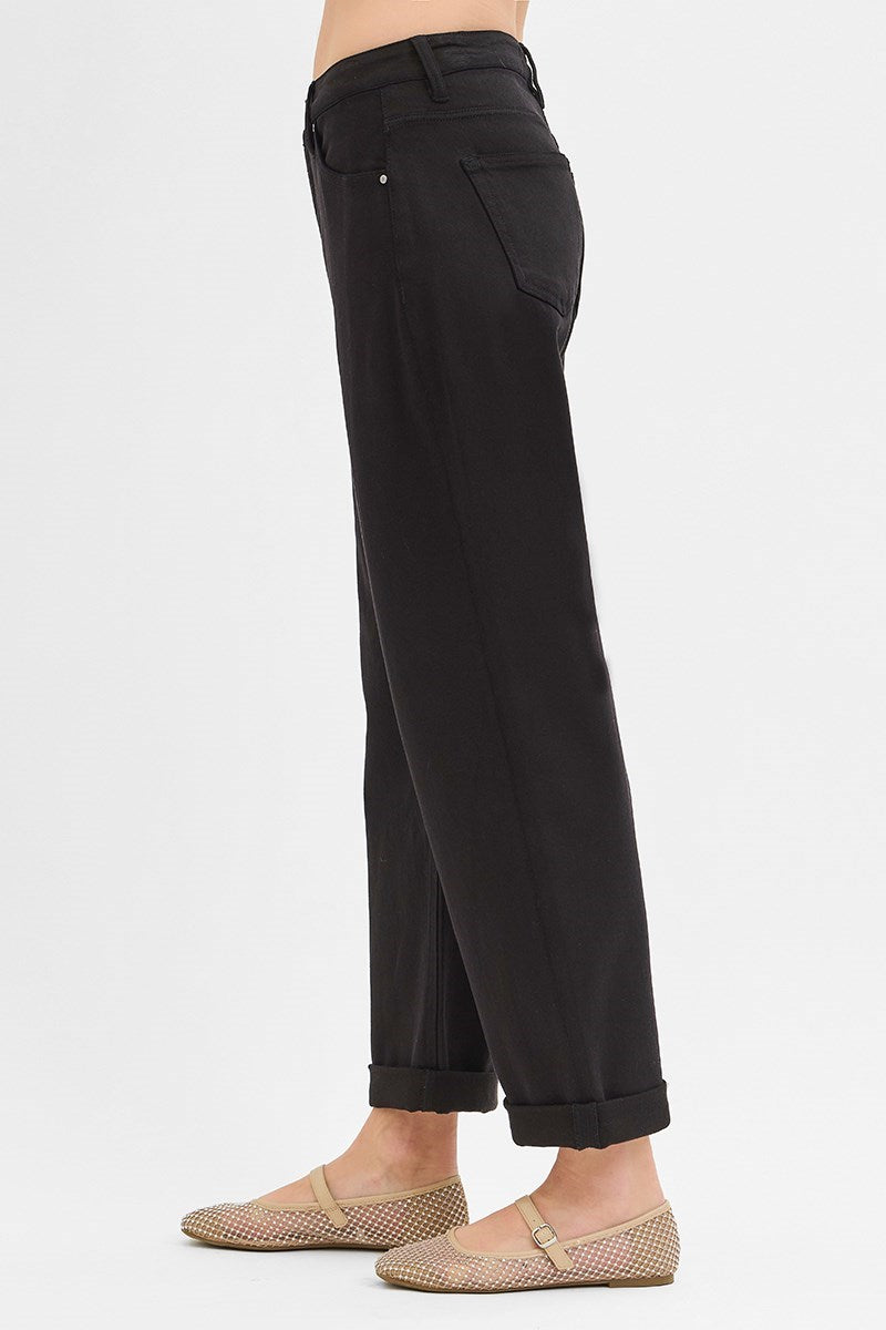 Glenna MID RISE ANKLE BARREL RELAXED BAGGY PANTS-Black