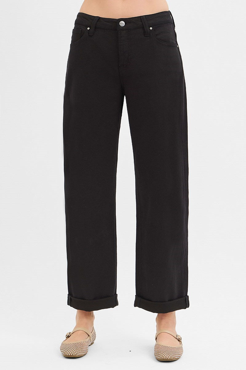 Glenna MID RISE ANKLE BARREL RELAXED BAGGY PANTS-Black