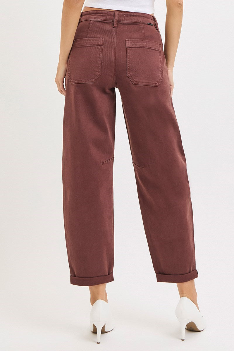 HIGH RISE ANKLE CUFFED BARREL PANTS-Choco Brown