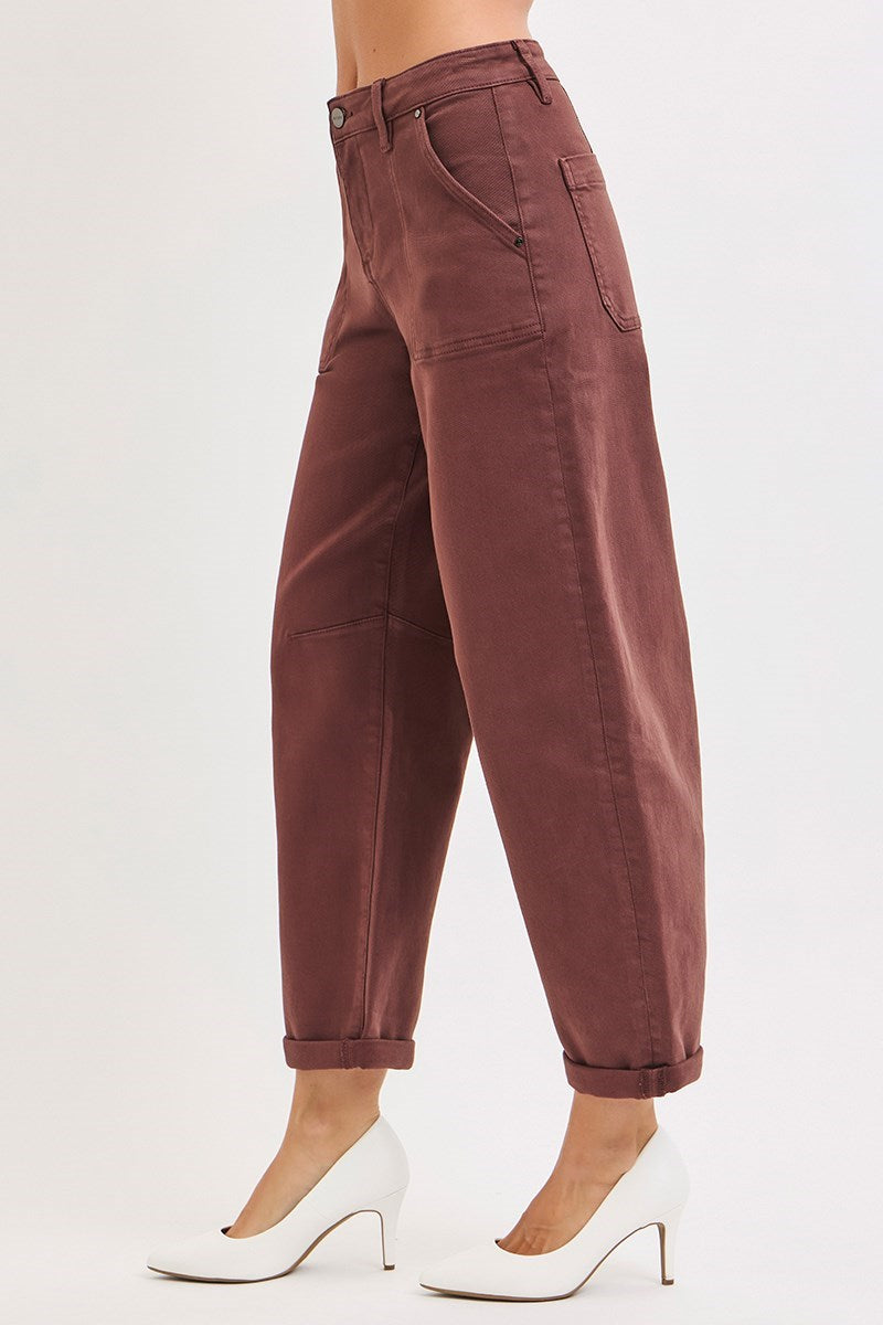 HIGH RISE ANKLE CUFFED BARREL PANTS-Choco Brown