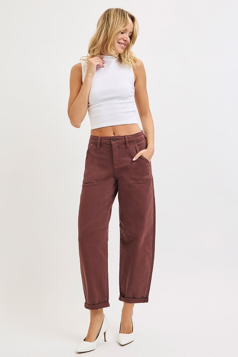 HIGH RISE ANKLE CUFFED BARREL PANTS-Choco Brown