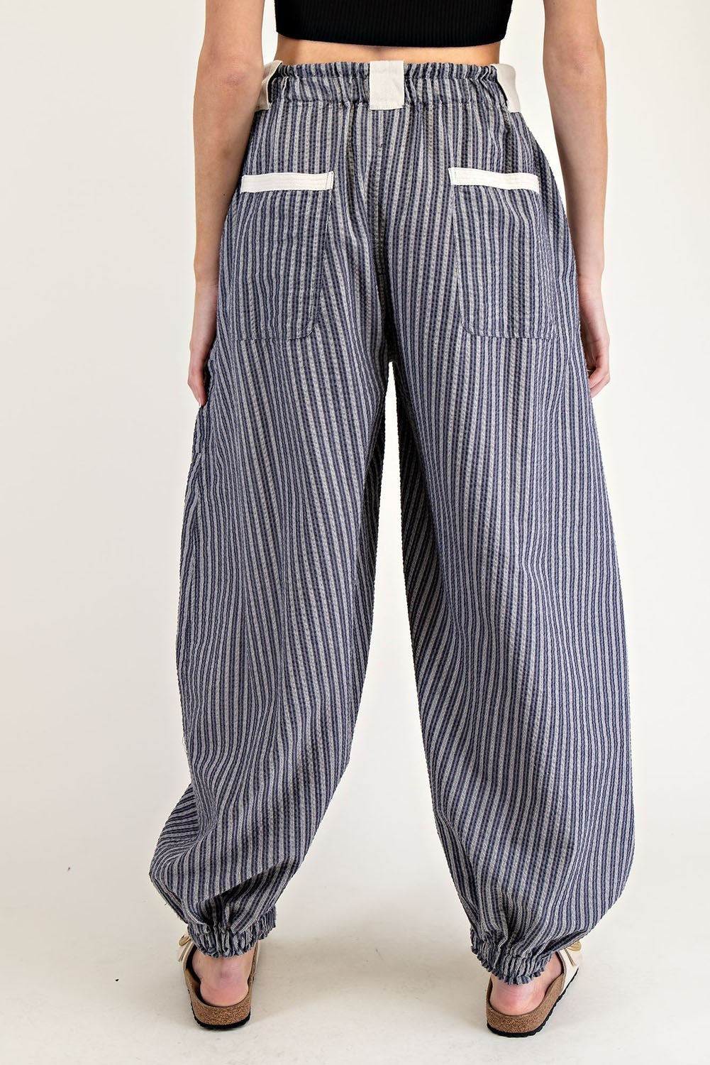 Striped Drawstring Jogger Pants-Denim