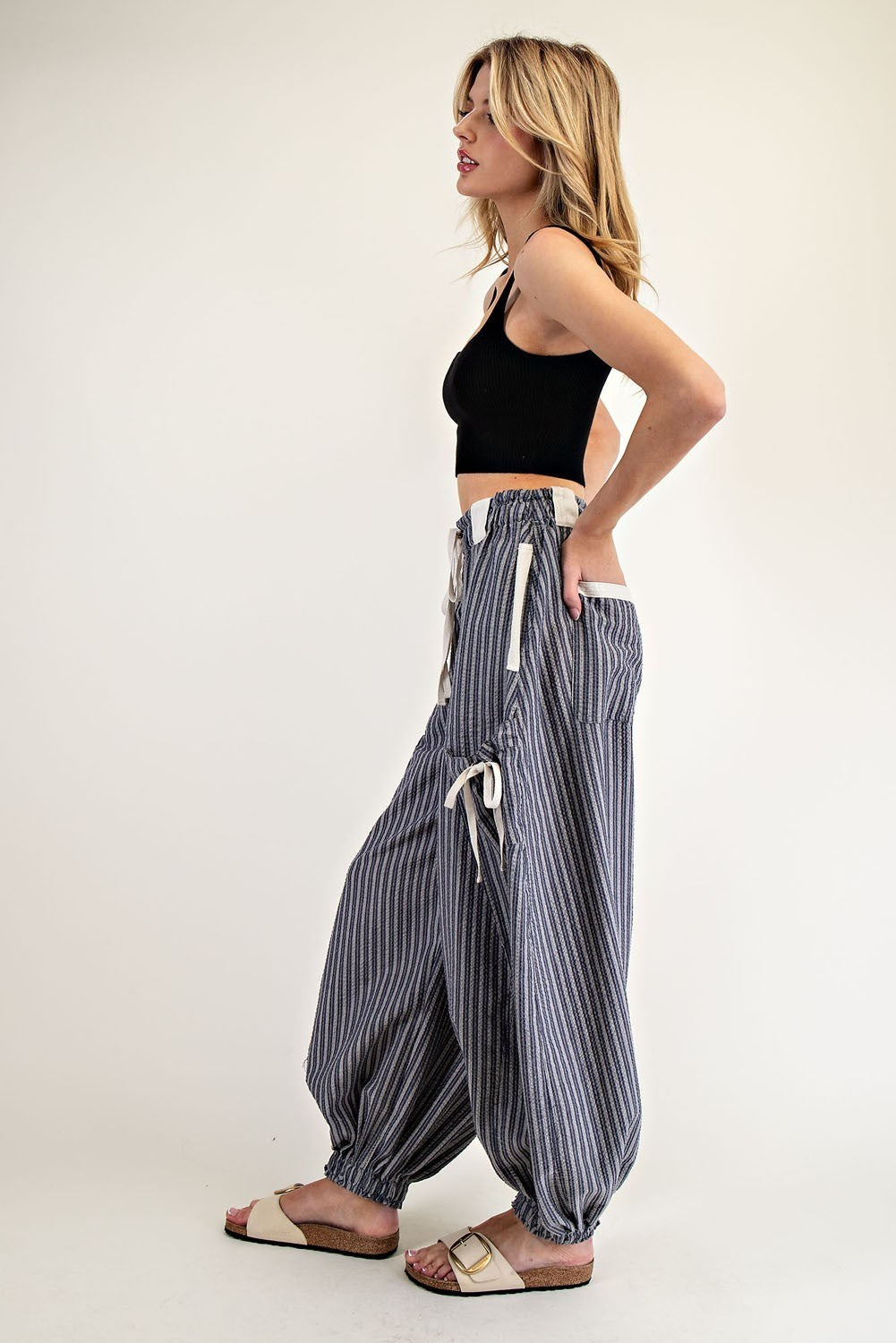 Striped Drawstring Jogger Pants-Denim