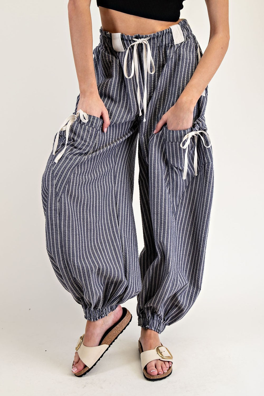 Striped Drawstring Jogger Pants-Denim