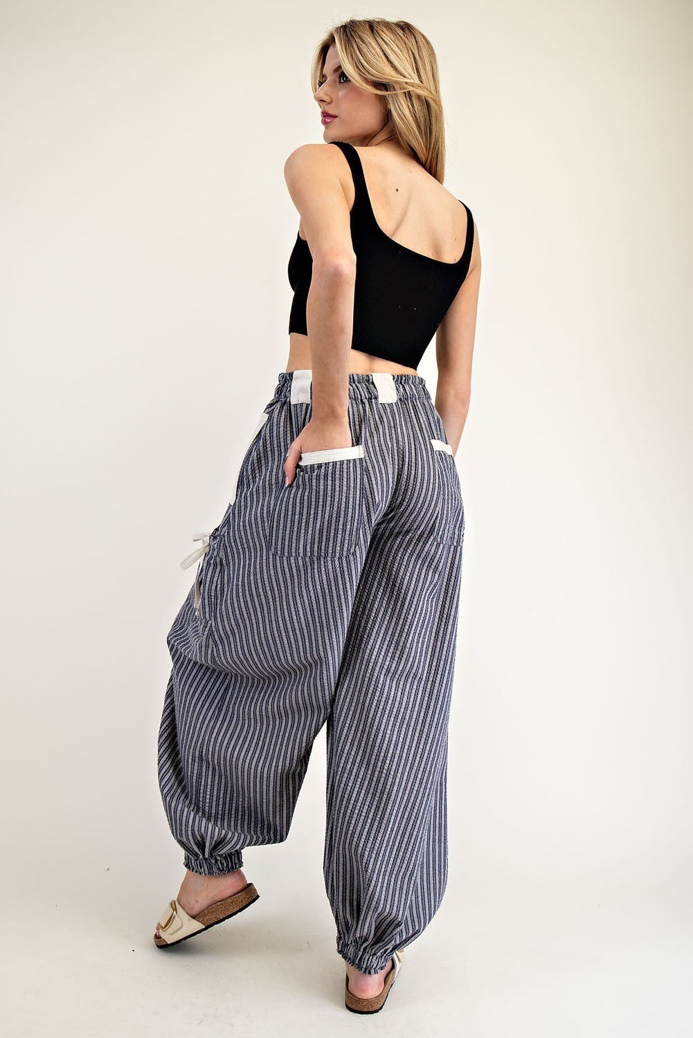 Striped Drawstring Jogger Pants-Denim