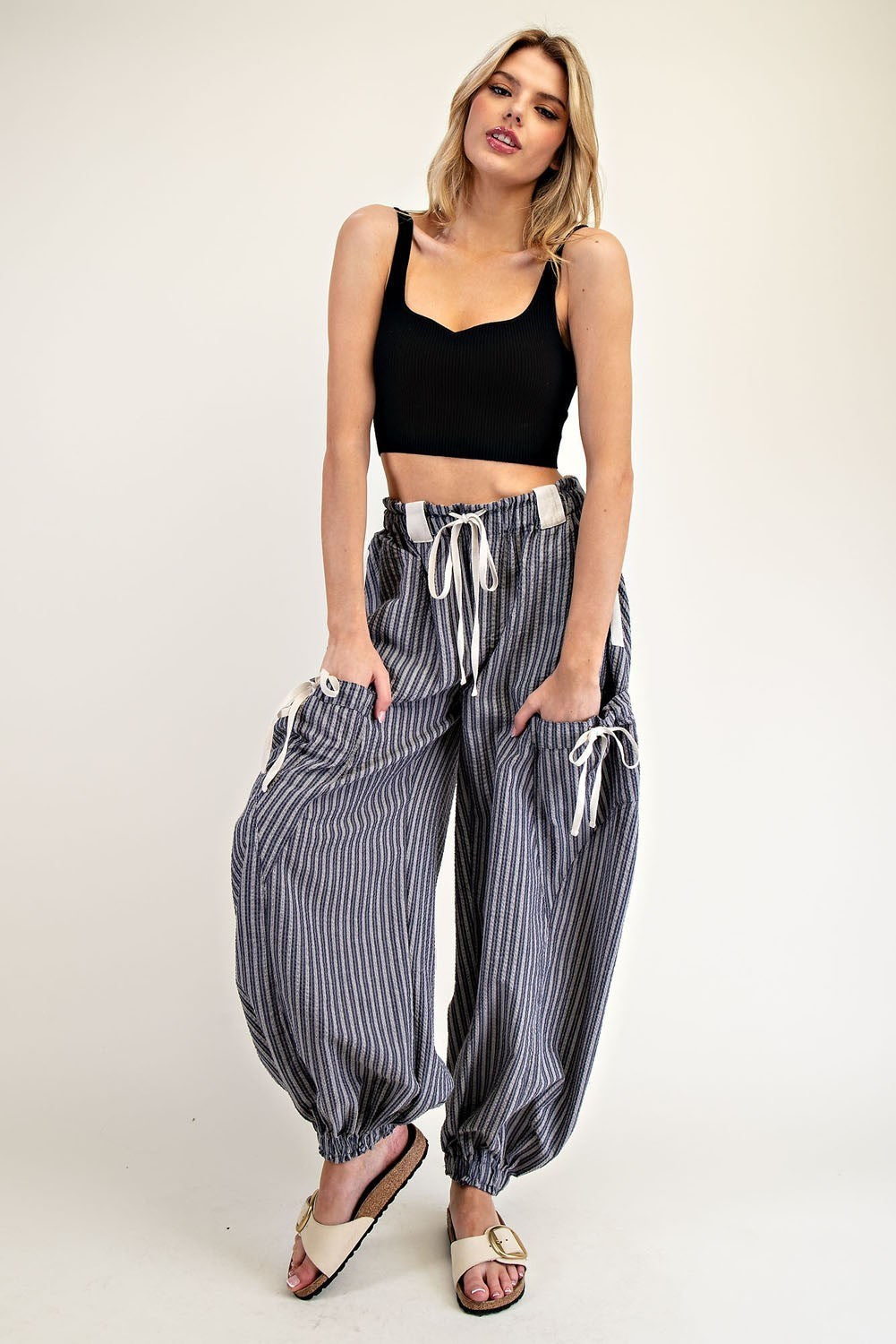 Striped Drawstring Jogger Pants-Denim