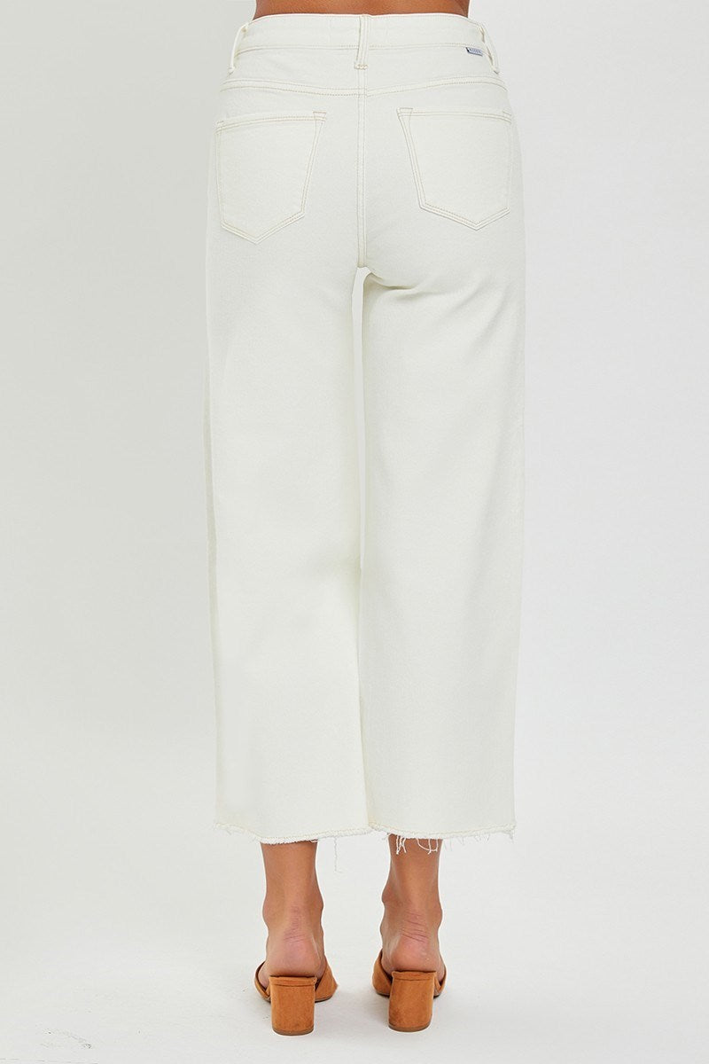 TUMMY CONTROL HIGH RISE CROP WIDE LEG PANTS-Cream