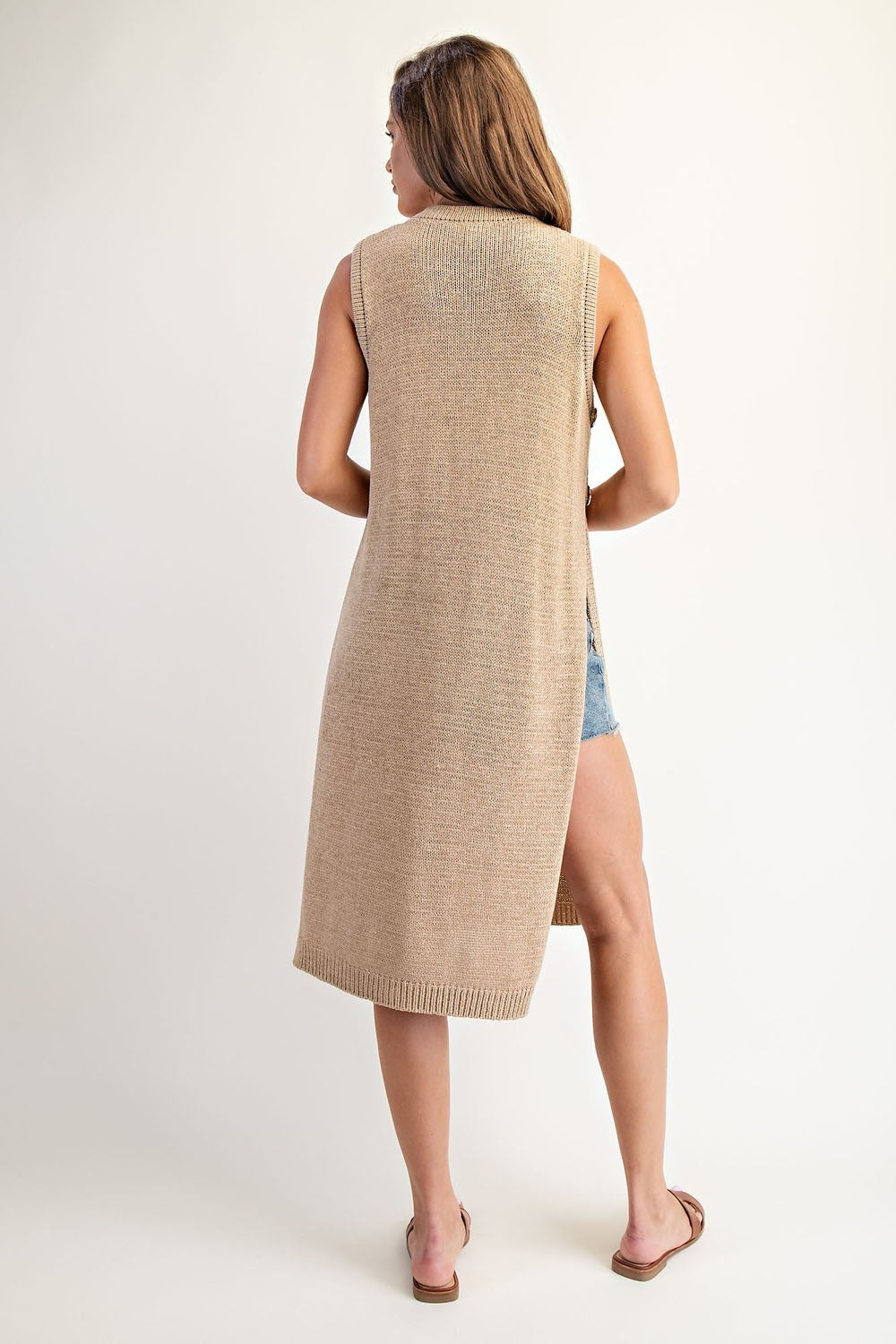 Corrine Side Button Sleeveless Open Longline Sweater -Oak Latte