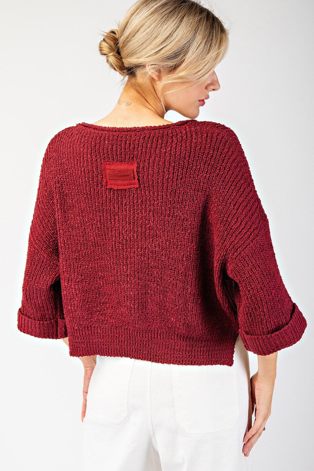 Heather Textured V-Neck Sweater Top-Cranberry