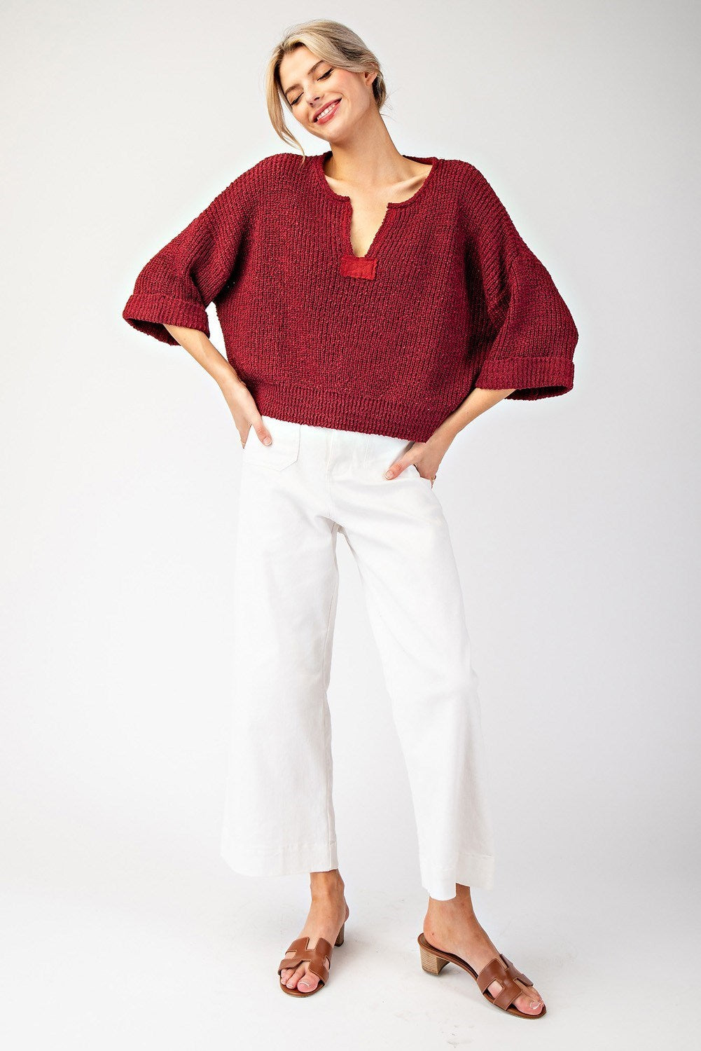 Heather Textured V-Neck Sweater Top-Cranberry