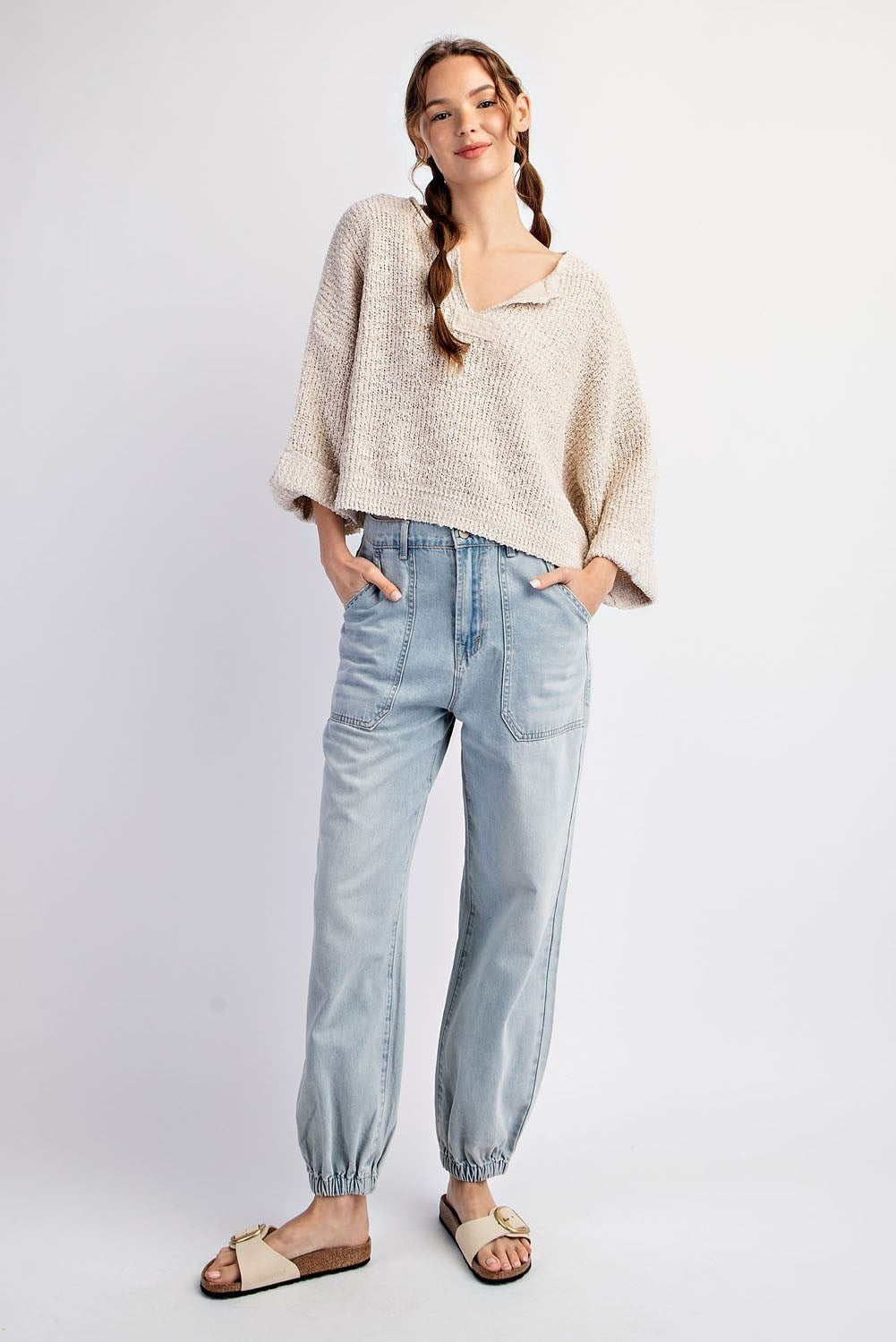 Heather Textured V-Neck Sweater Top-Oatmeal