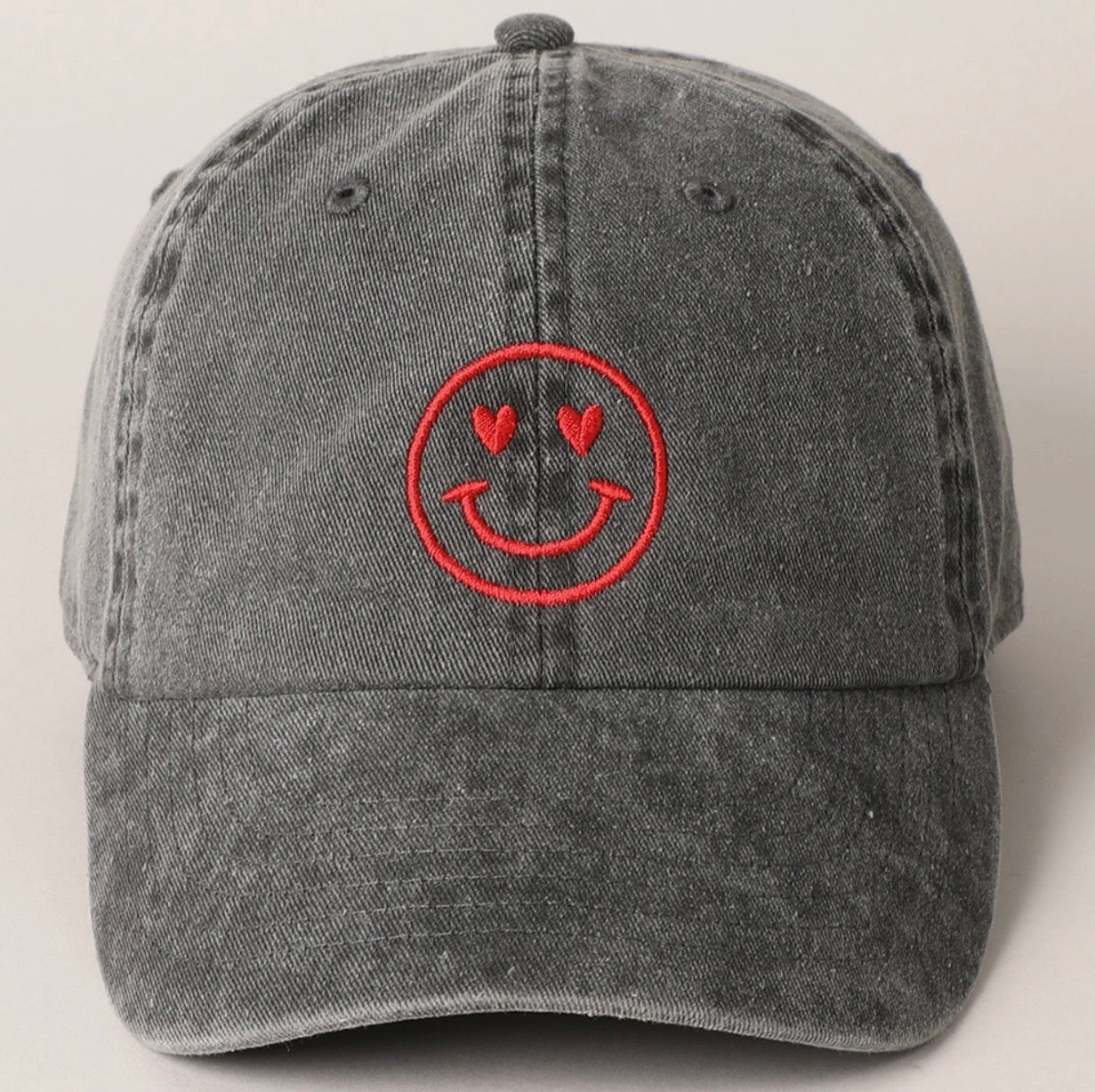 Valentine's Day Heart Happy Face Embroidered Cap-Light Pink, Charcoal