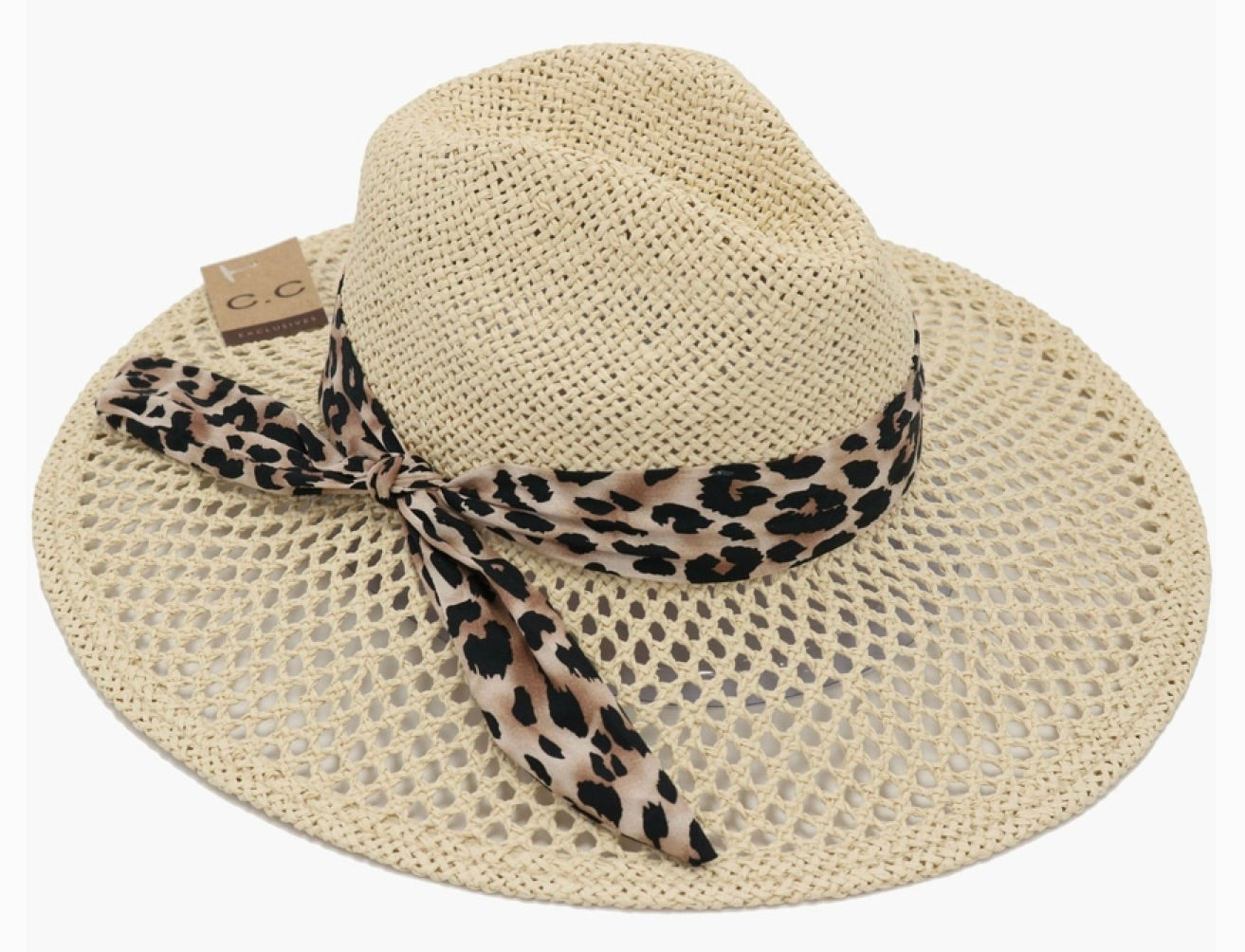 Leopard Print Band Trim Panama Hat-Natural
