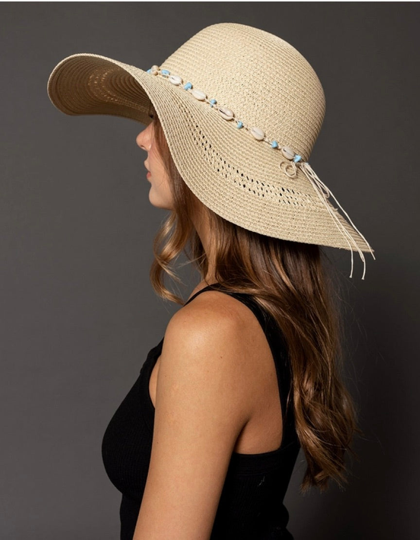 Agatha Straw Hat w/ Seashell & Bead Band-Blush