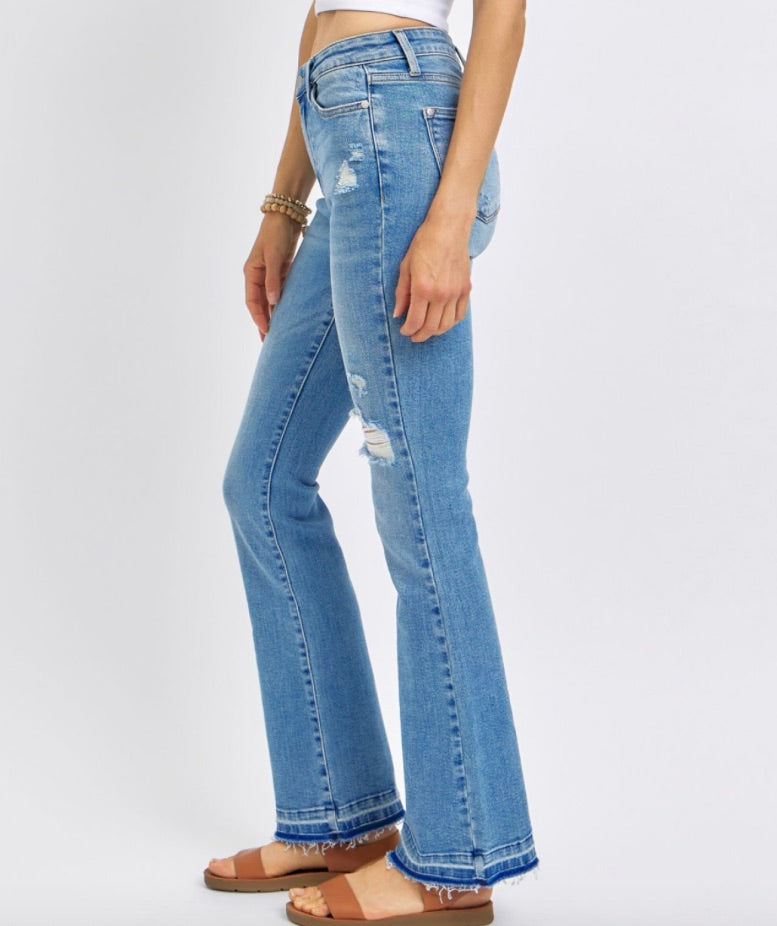 Mid Ride Destroyed Hem Bootcut-Medium Wash
