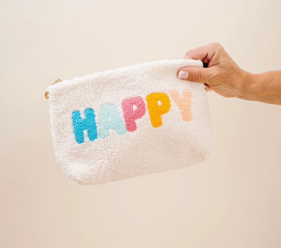 Cream Teddy Pouch - Happy